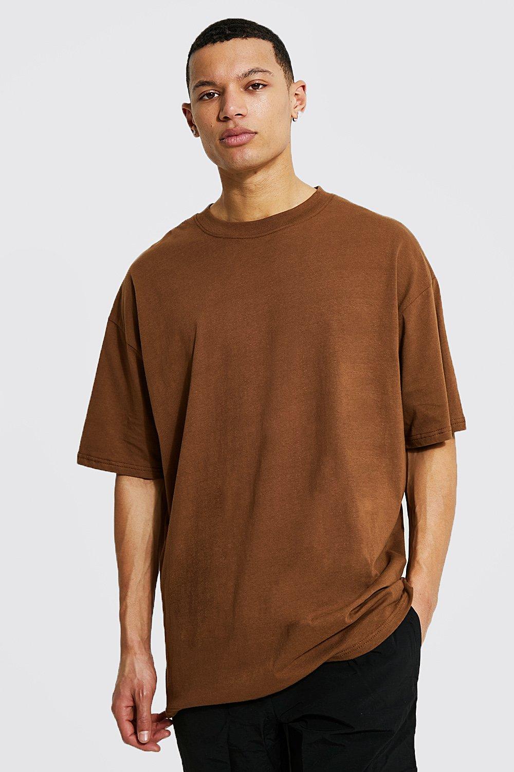 mens brown tall loose fit extended neck basic t-shirt, brown
