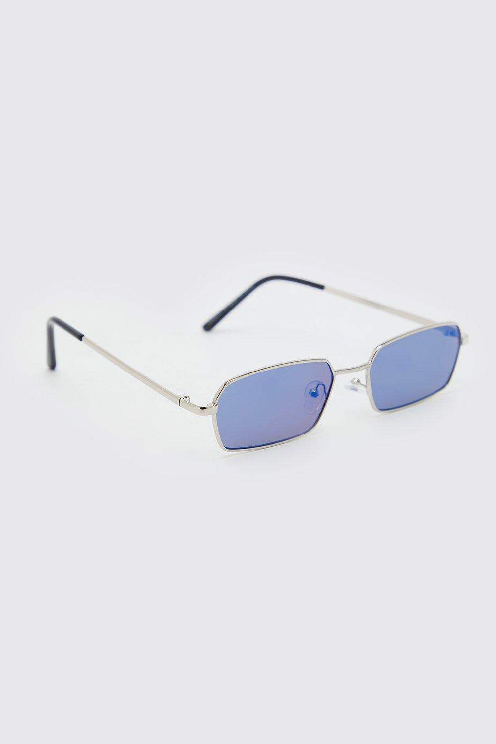 Mens Blue Metal Sunglasses Narrow Hexagon Sunglasses, Blue