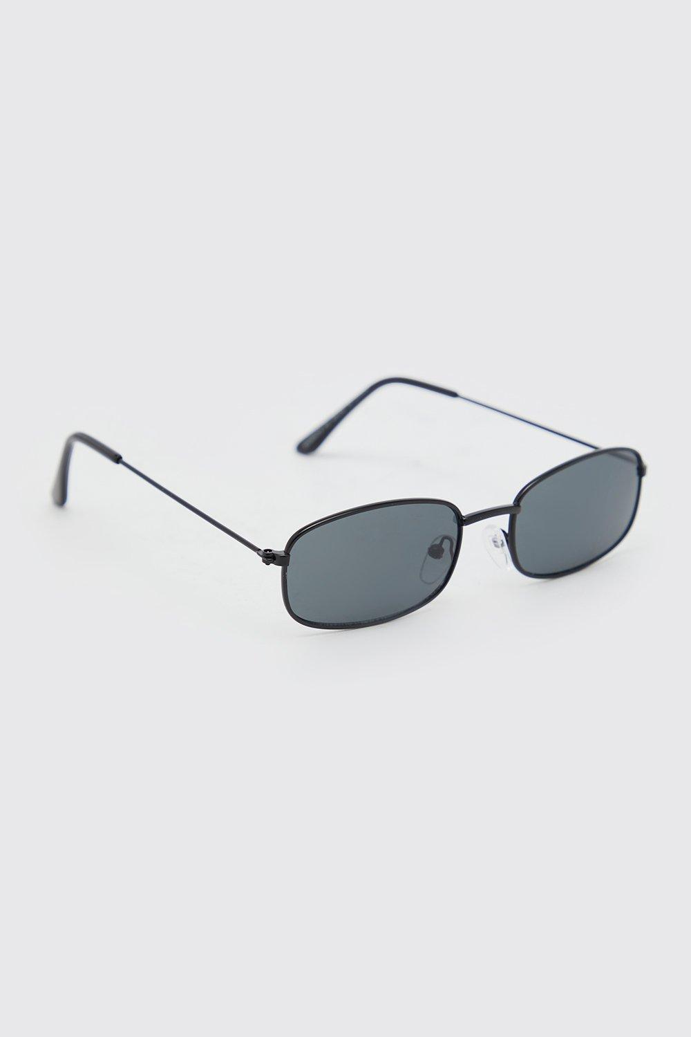Mens Black Metal Small Rectangular Sunglasses, Black