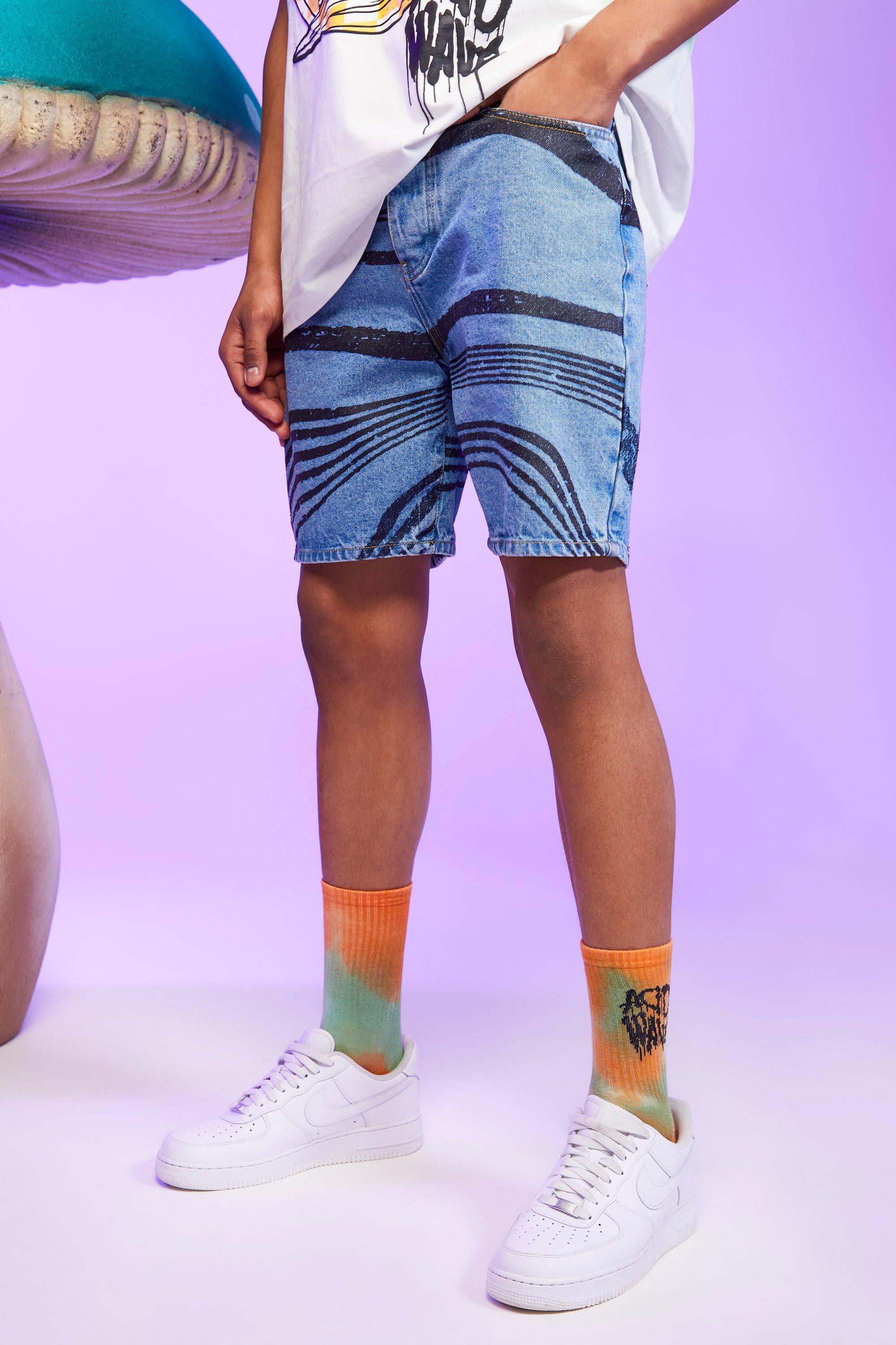 Mens Blue Relaxed Fit Marble Print Denim Shorts, Blue