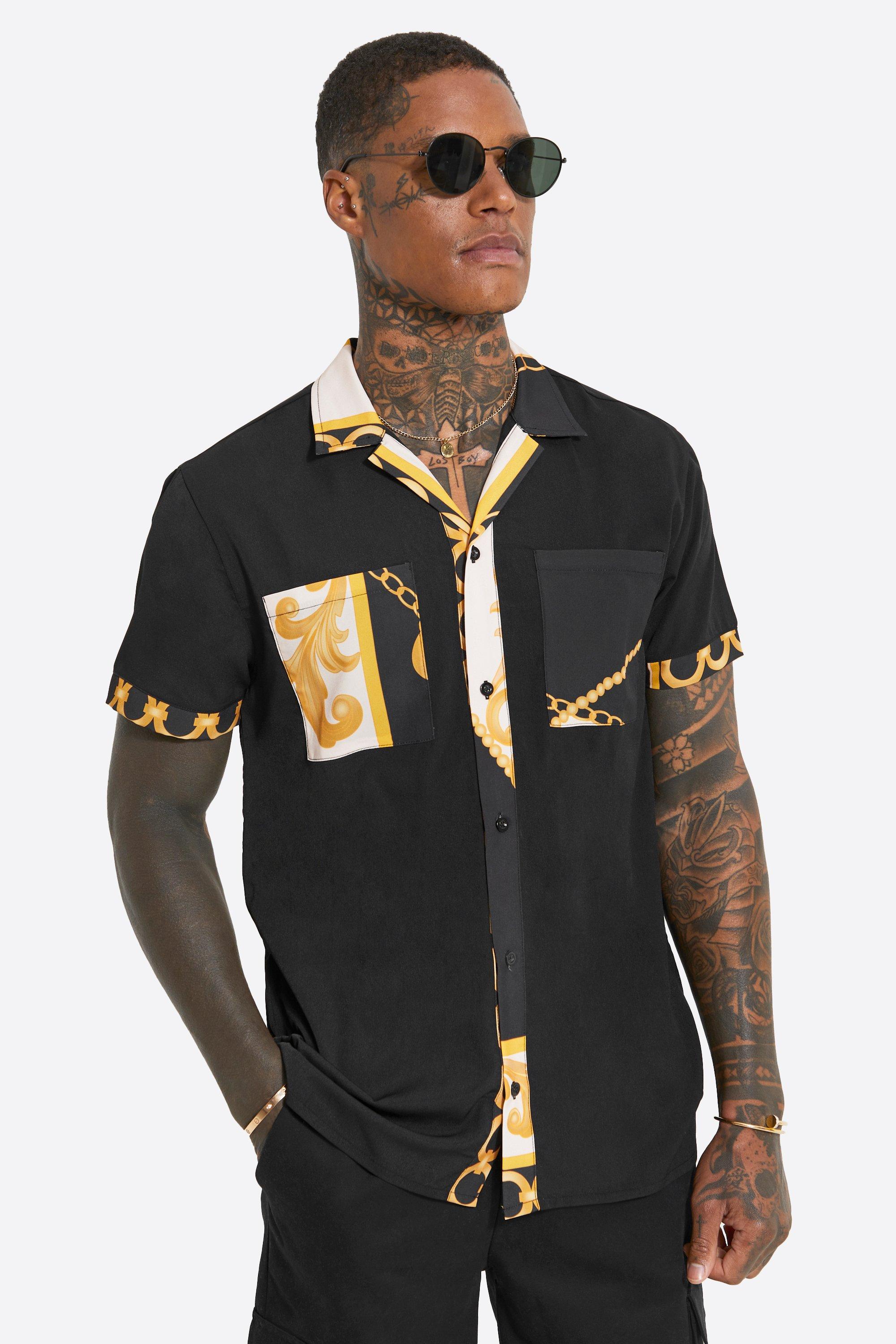 Men's Short Sleeve Revere Baroque Shirt - Black - S, Black