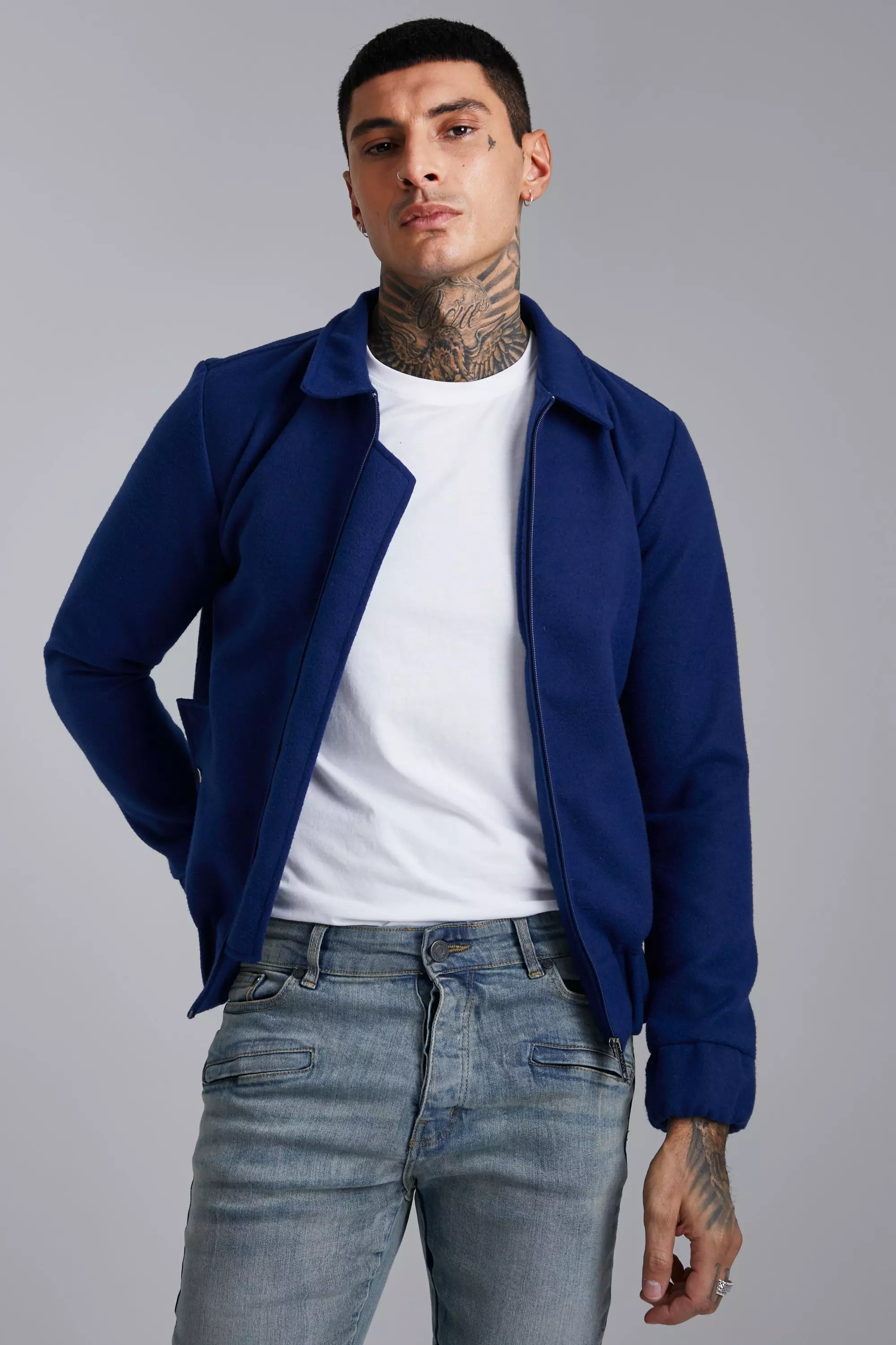 ASOS DESIGN harrington jacket with funnel neck in navy