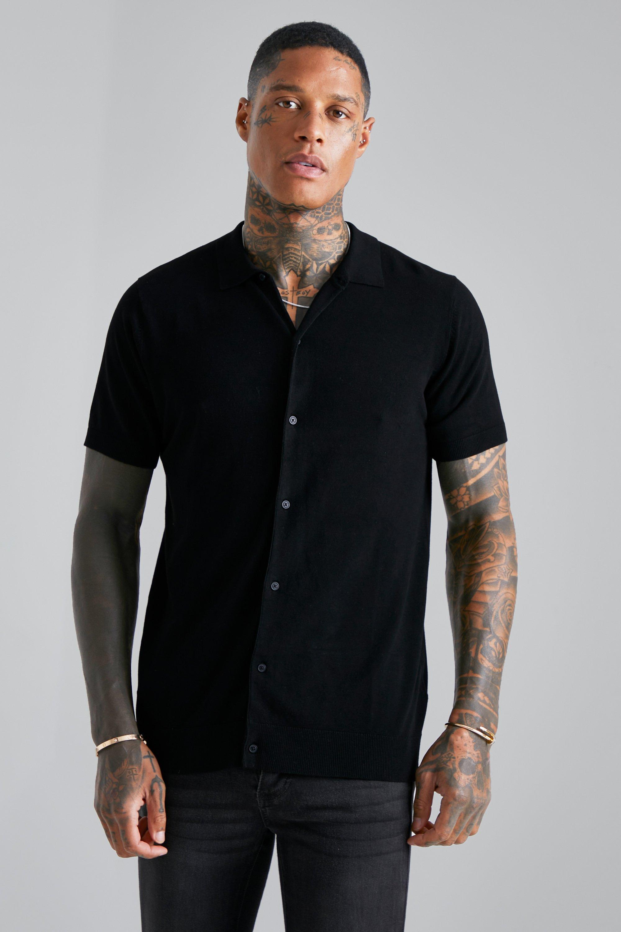 mens black short sleeve knitted shirt, black