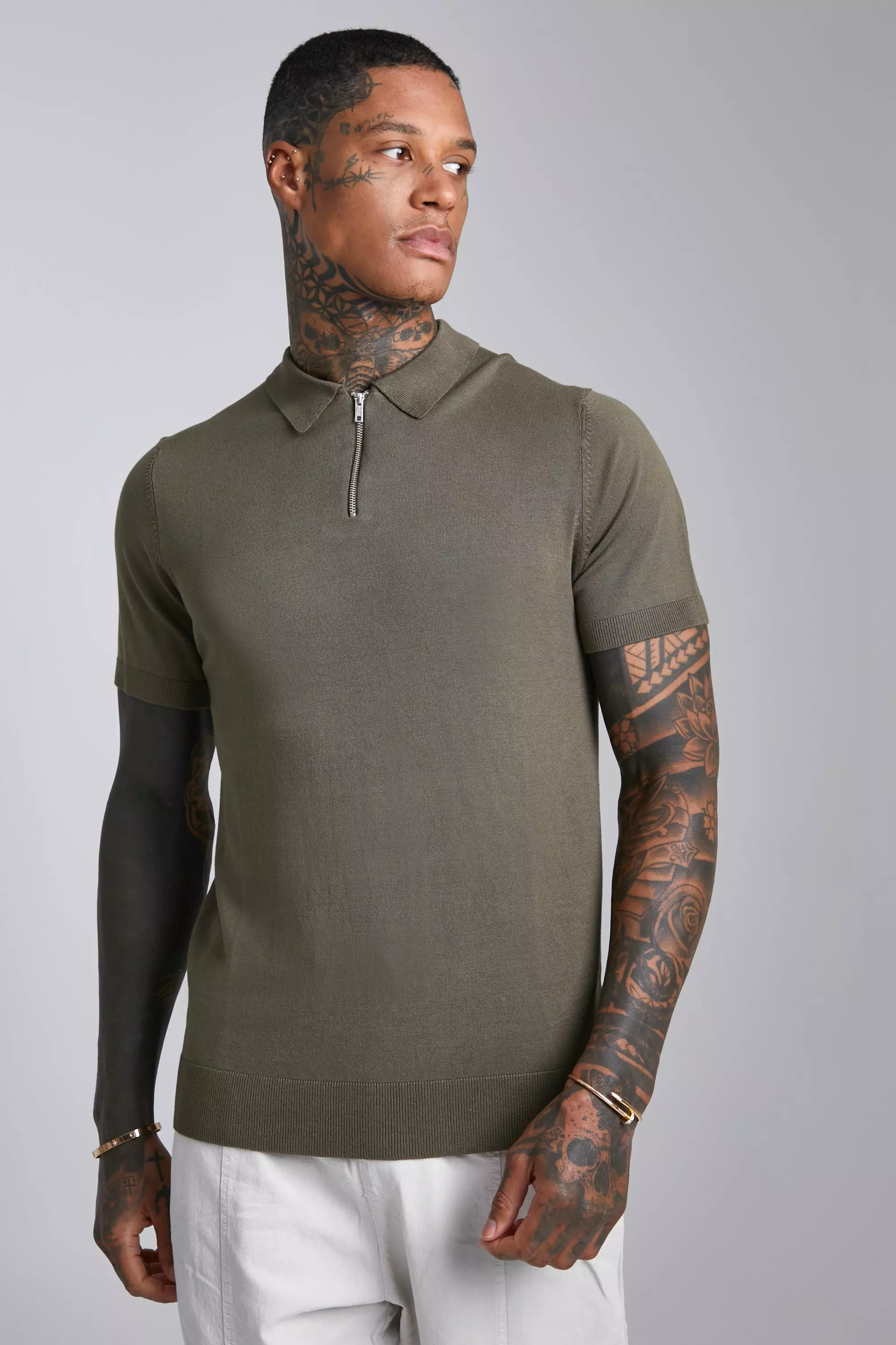 boohooMAN Collarless Slim Fit Zip Polo