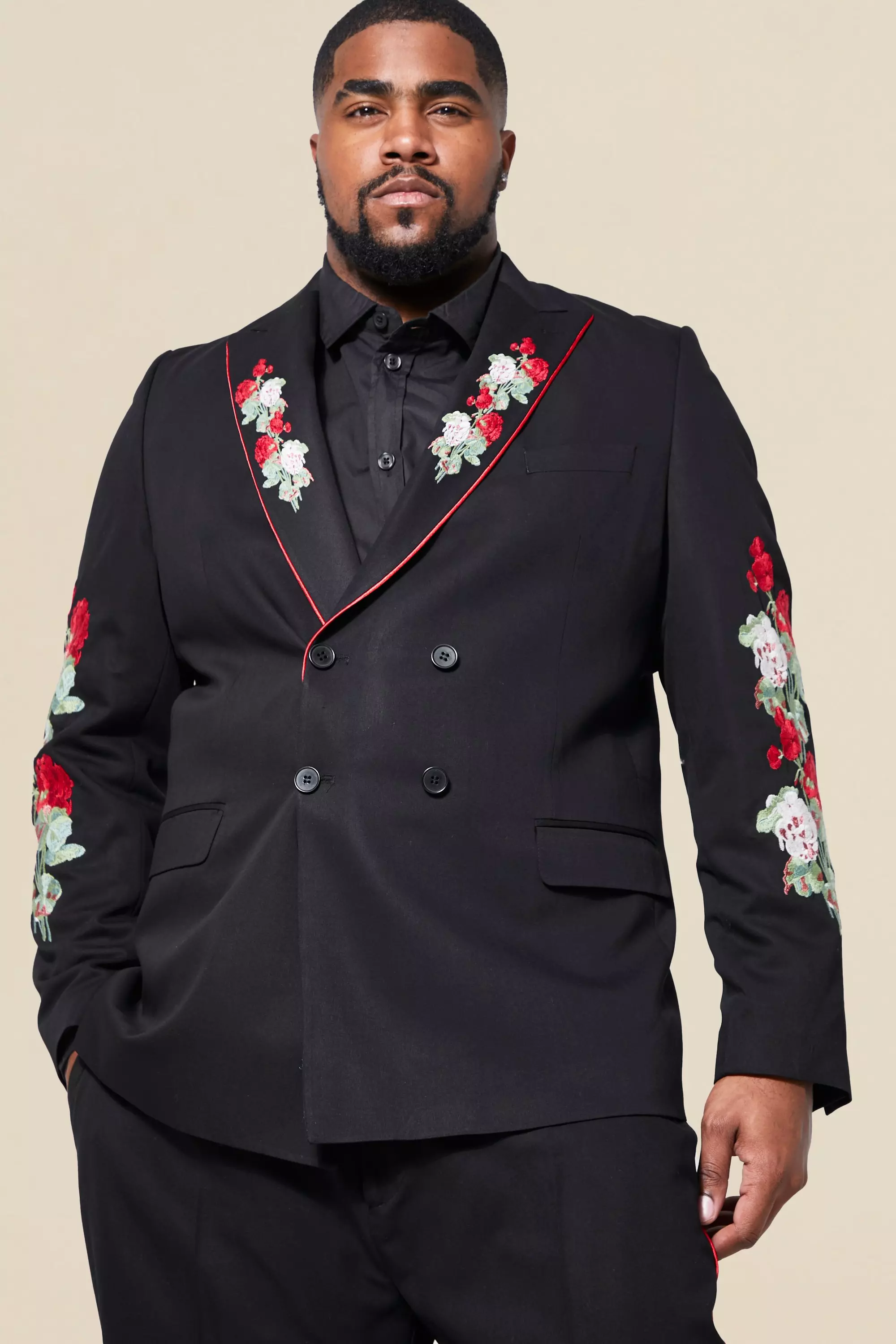 boohooMAN Relaxed Fit Spliced Floral Print Suit Jacket - Black - Size 38