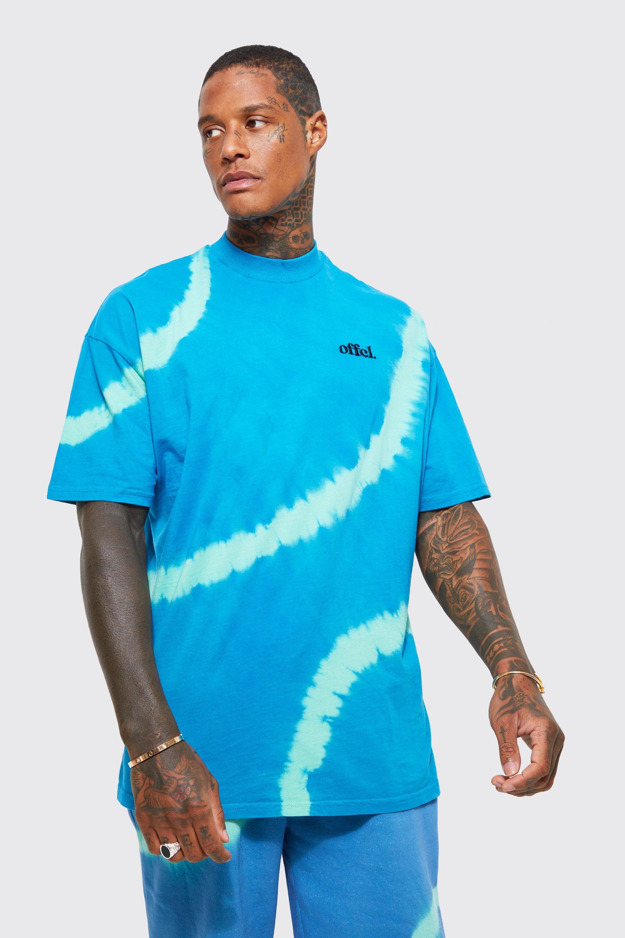 Mens Blue Oversized Offcl Tie Dye Extended Neck T-shirt, Blue