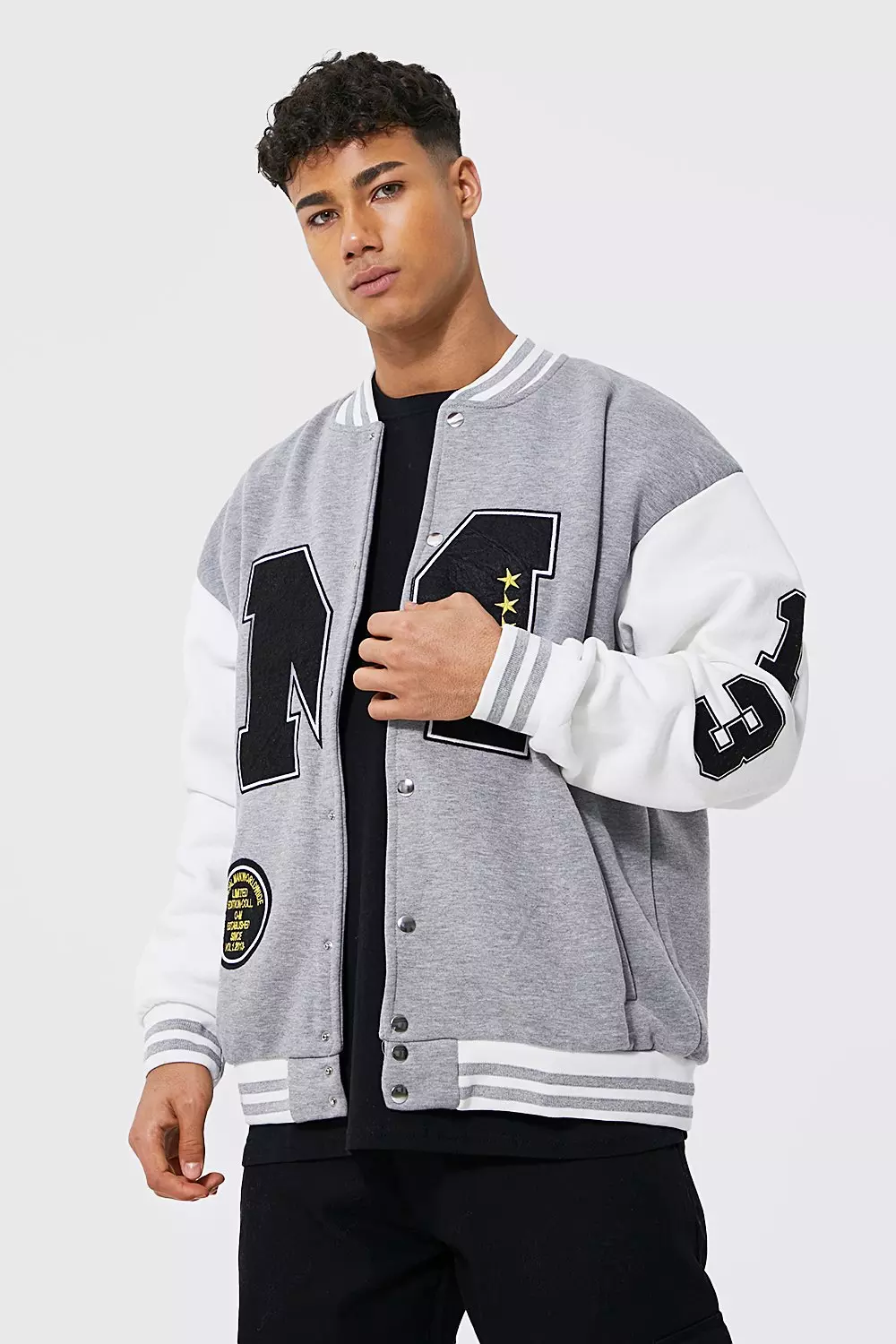 BoohooMAN Plus Red and White Cotton Jersey Bomber Varsity Jacket with Badges