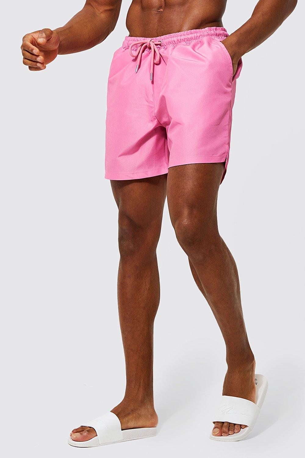 Mens Pink Mid Length Plain Split Hem Swim Shorts, Pink