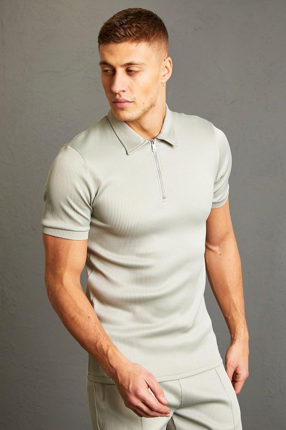 Mens Green Muscle Fit Pleated Polo, Green