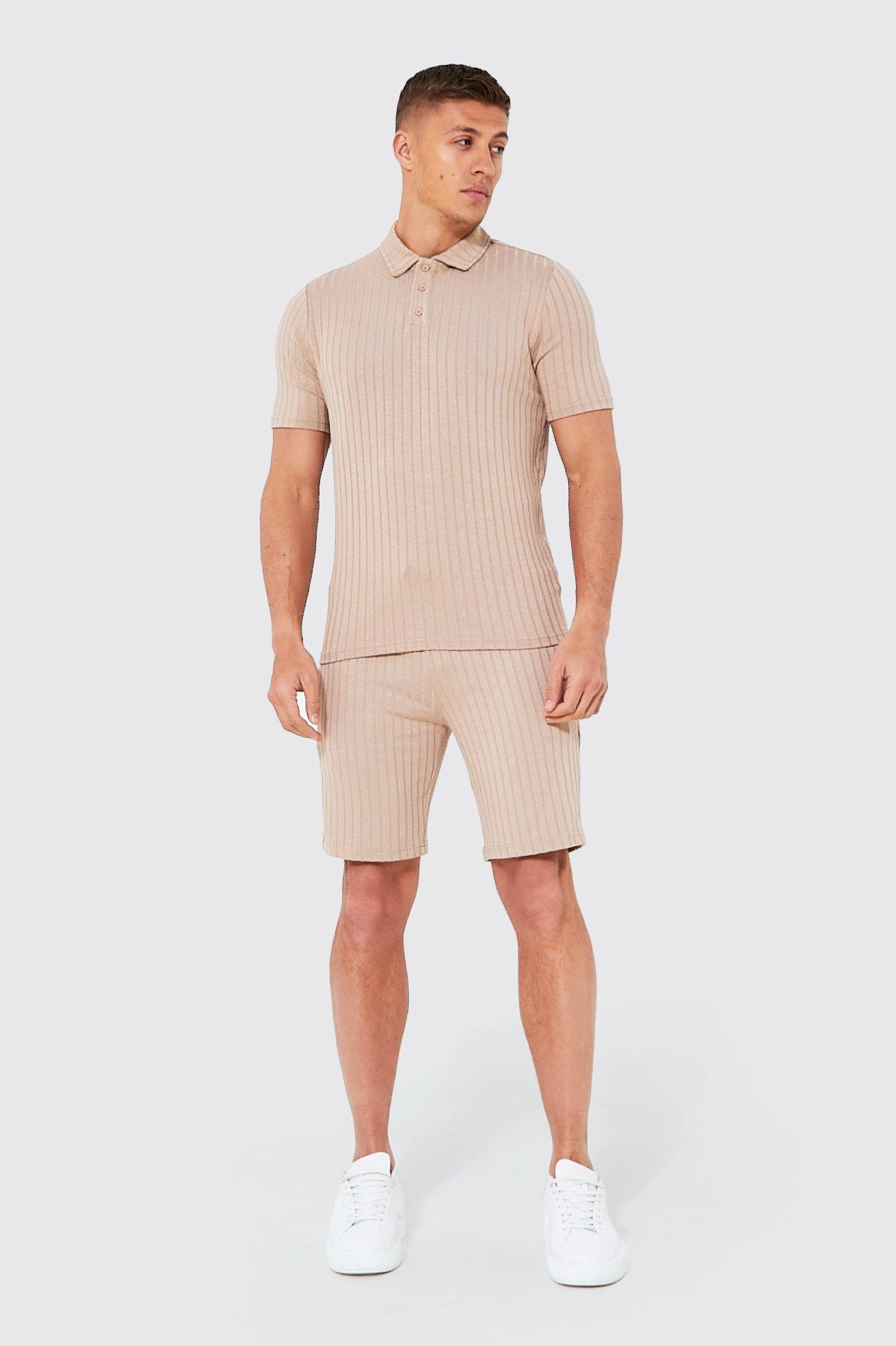 Short Sleeve Ribbed Knitted Polo & Shorts Set - Marron Taupe - S, Marron Taupe