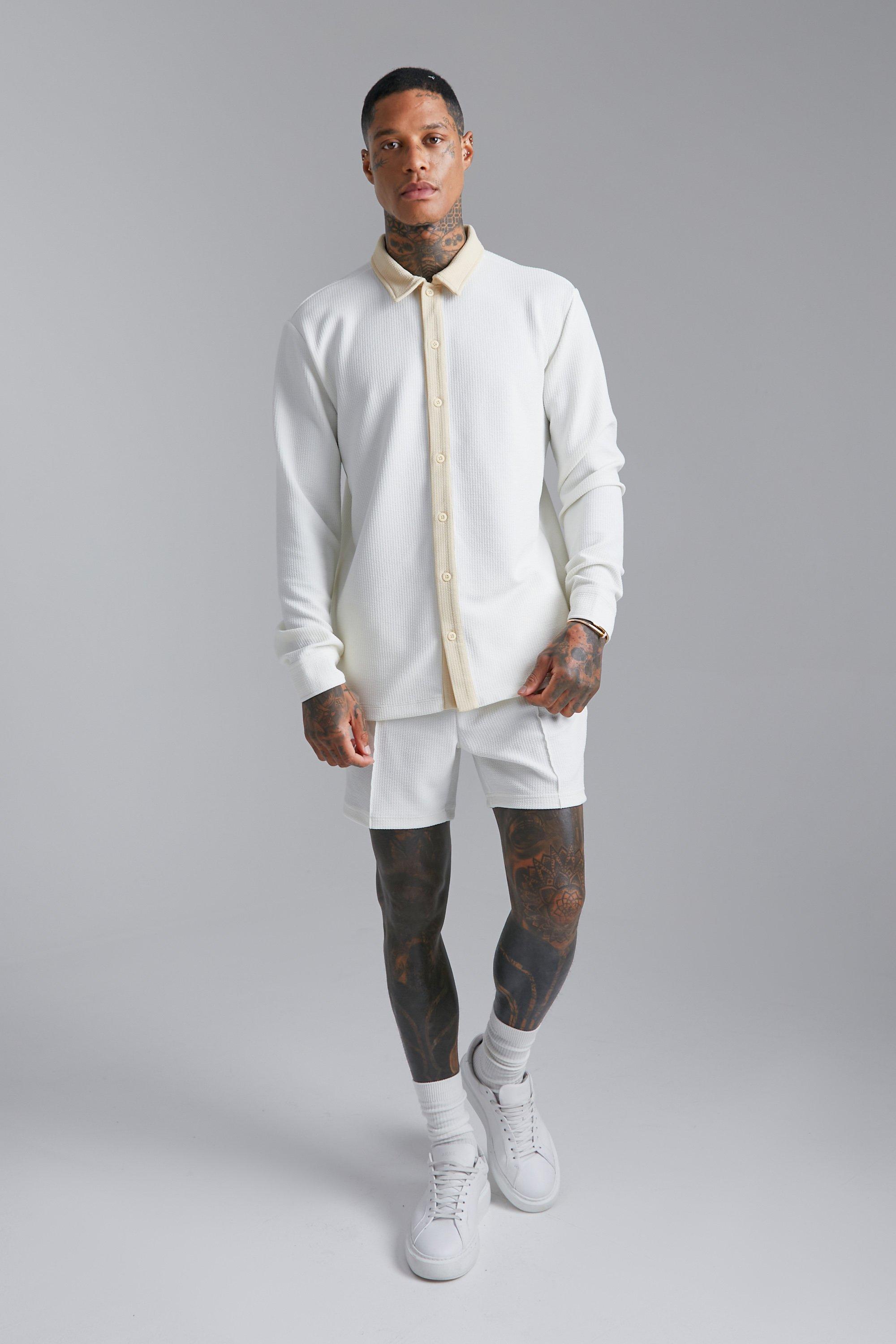 Mens Cream Long Sleeve Jersey Textured Shirt And Short, Cream