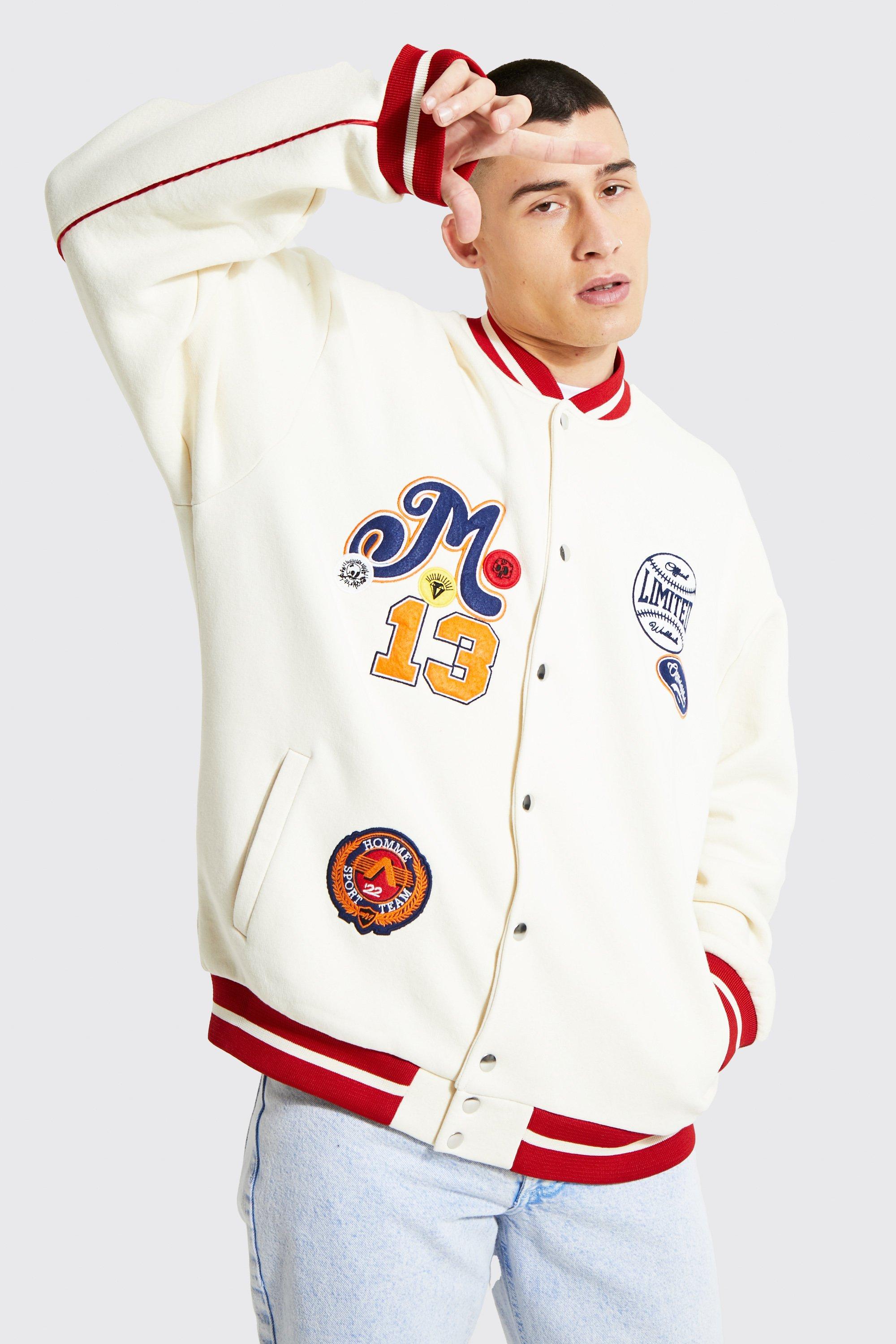 jersey varsity bomber jacket with badges