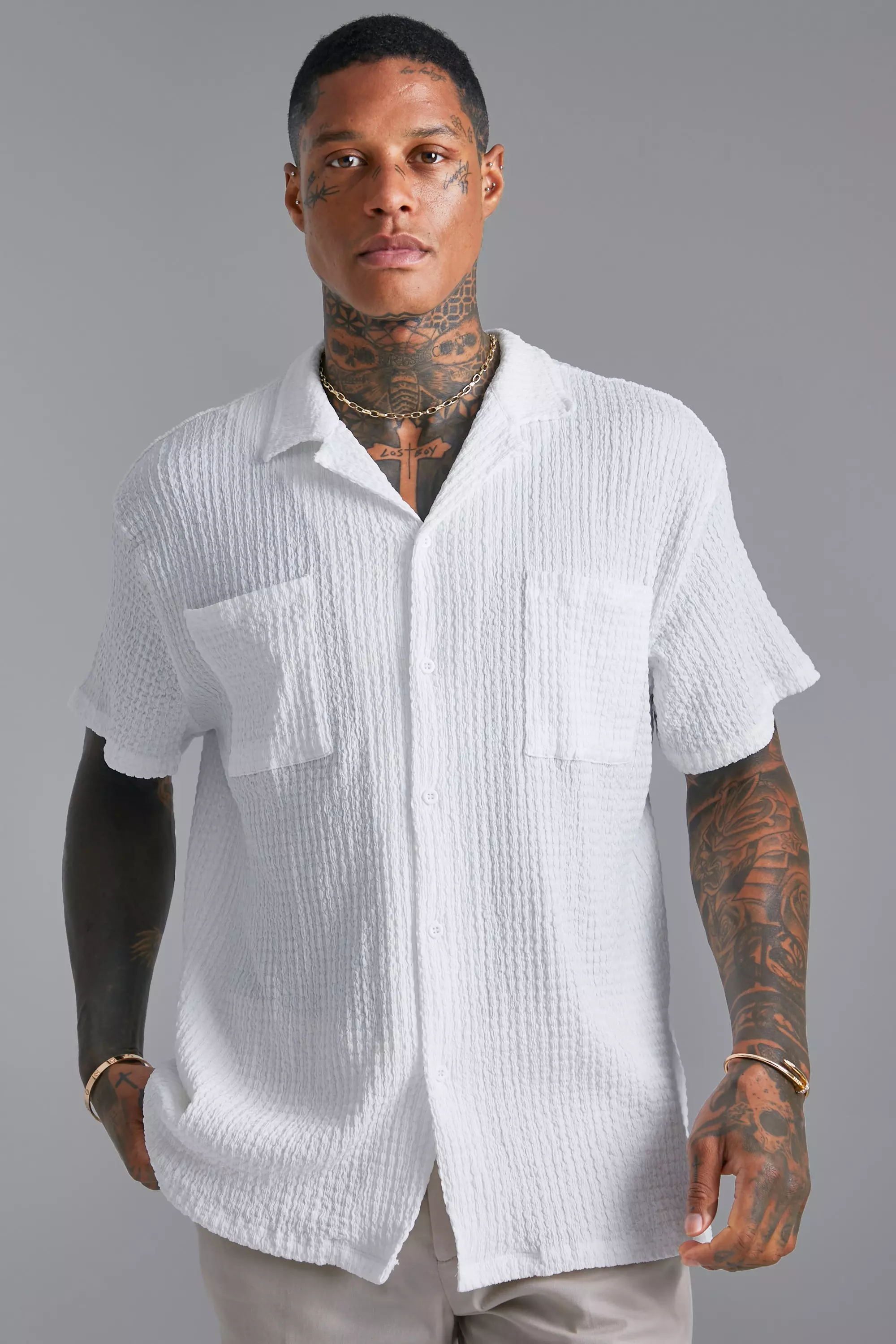 boohooMAN Men's Short Sleeve Revere Textured Shirt