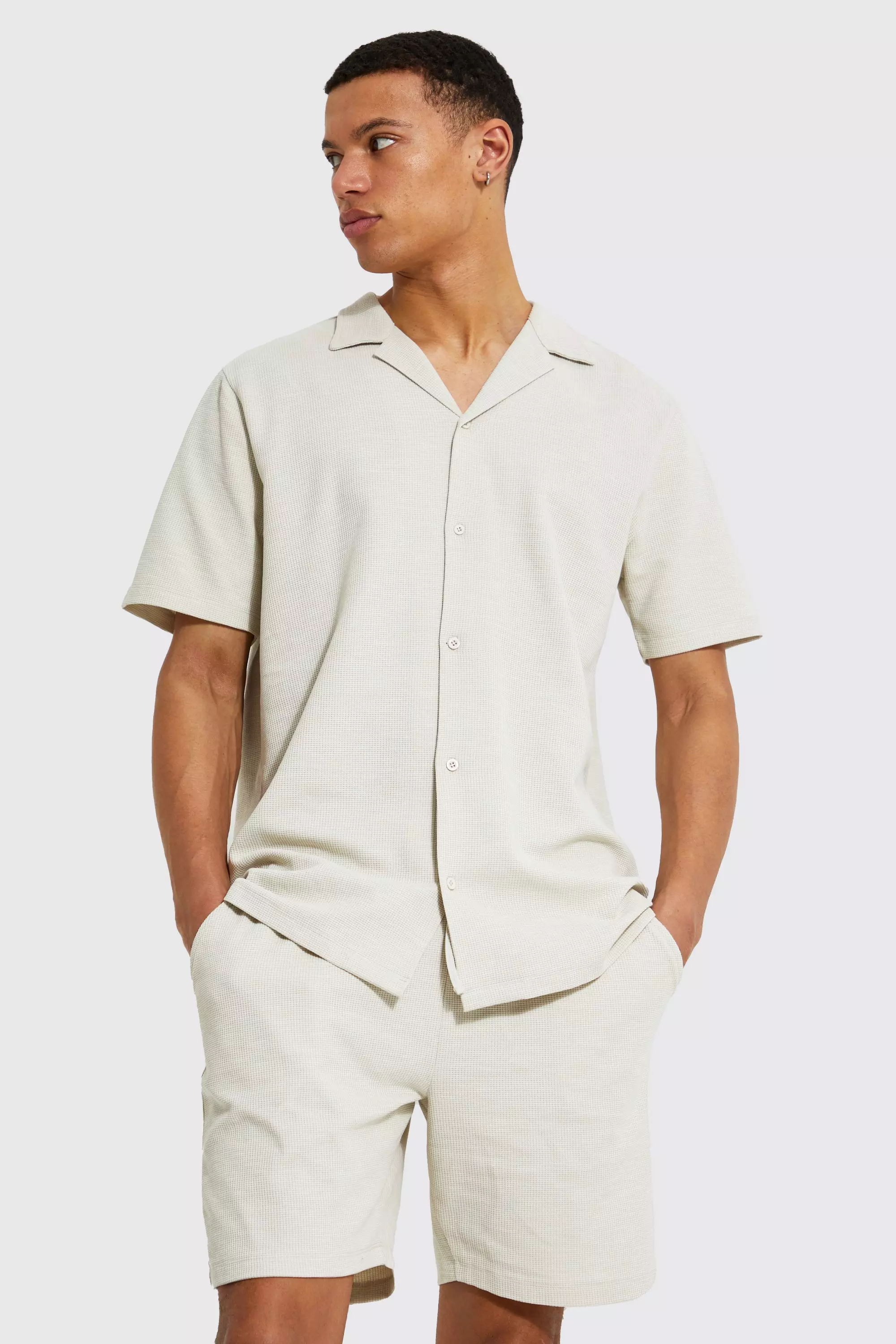 Tall Short Sleeve Waffle Shirt And Short Set | boohooMAN USA