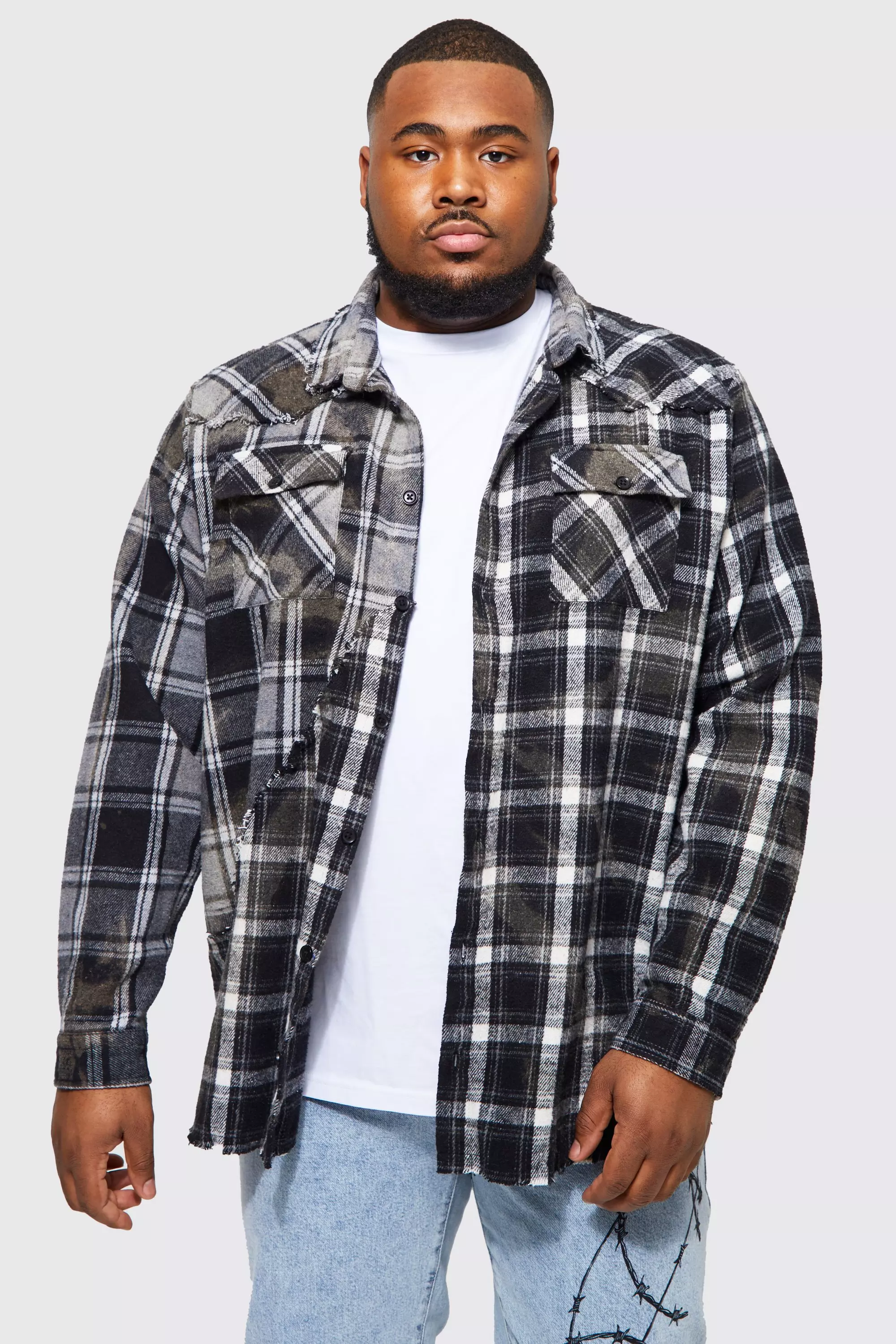 Plus Loose Fit Spliced Flannel Shirt | boohooMAN USA