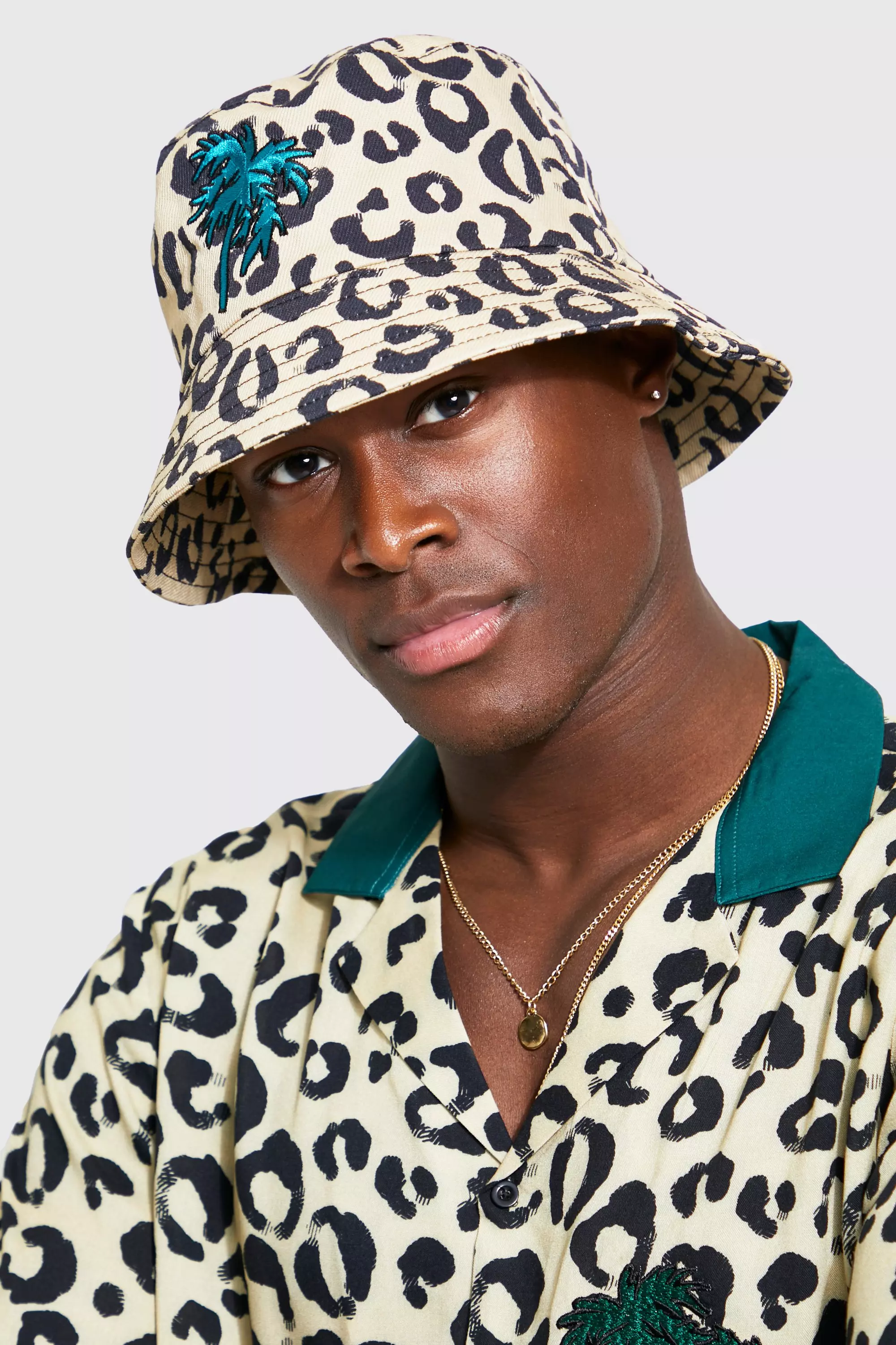 All Over Print Leopard Embroidered Bucket Hat