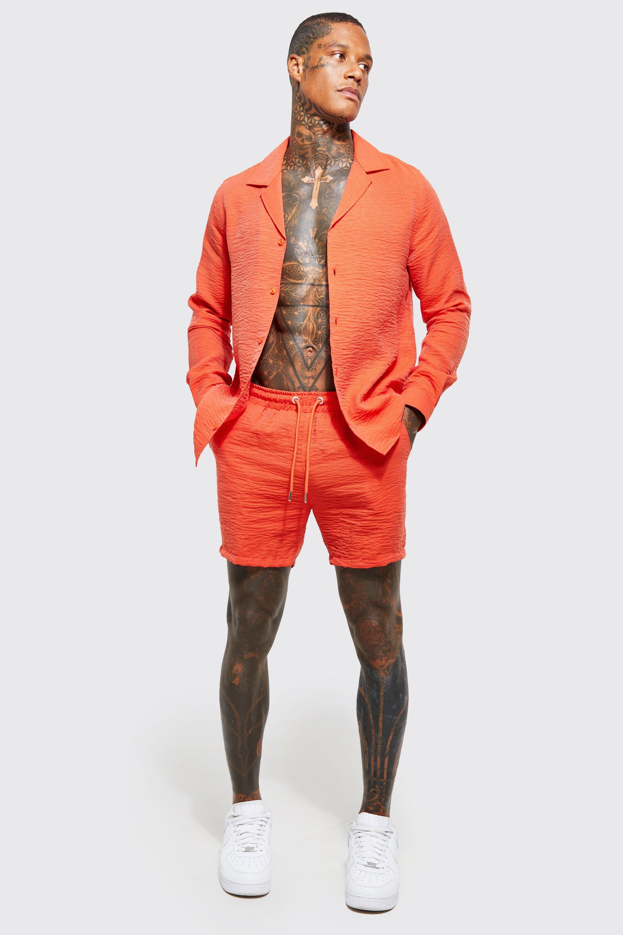 Mens Orange Long Sleeve Textured Revere Shirt And Short, Orange