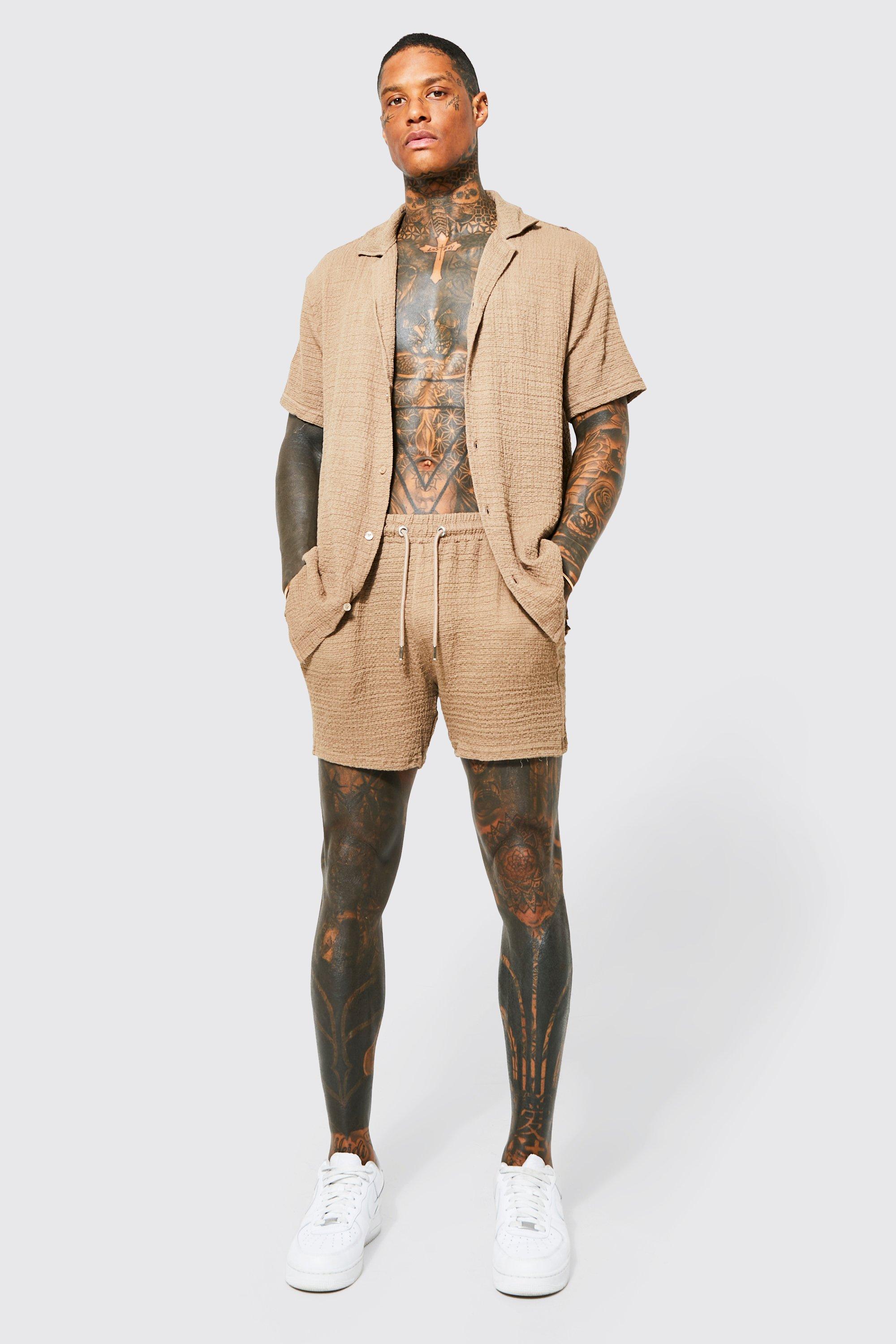 Mens Beige Short Sleeve Textured Shirt And Short, Beige