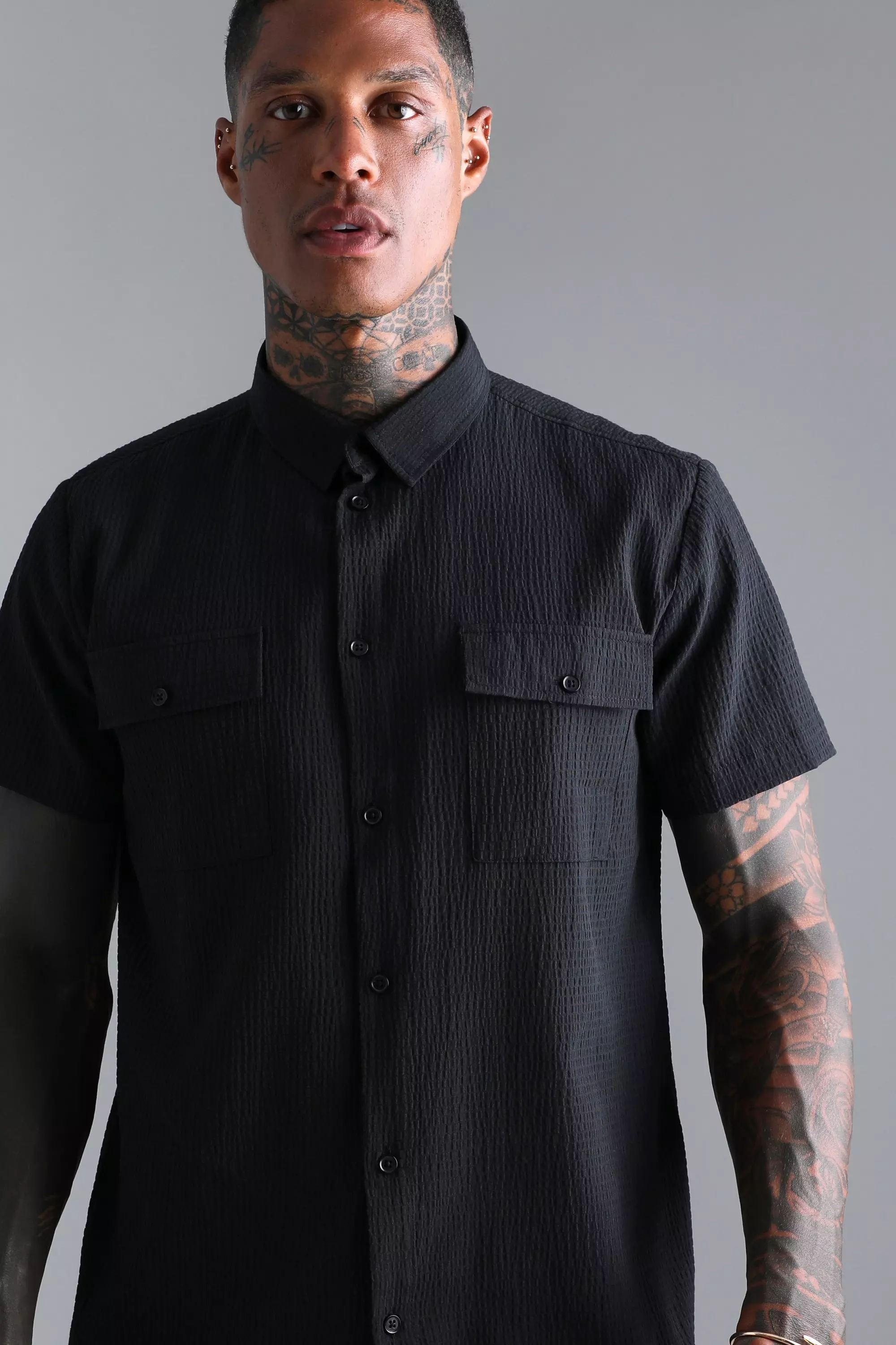 Short Sleeve Utility Stitch Gathered Shirt | boohooMAN USA