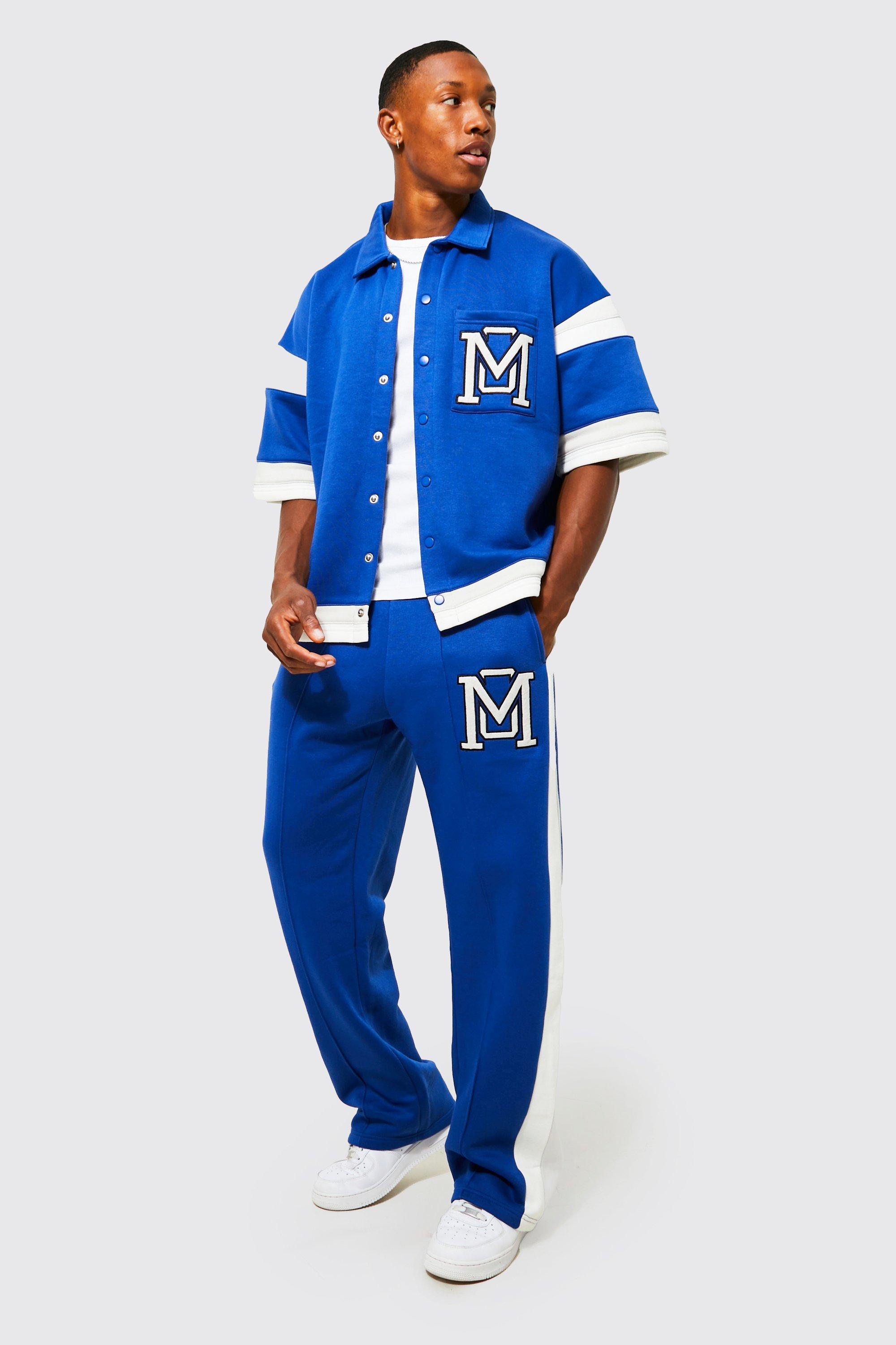 Mens Blue Boxy Fit Varsity Shirt Tracksuit, Blue