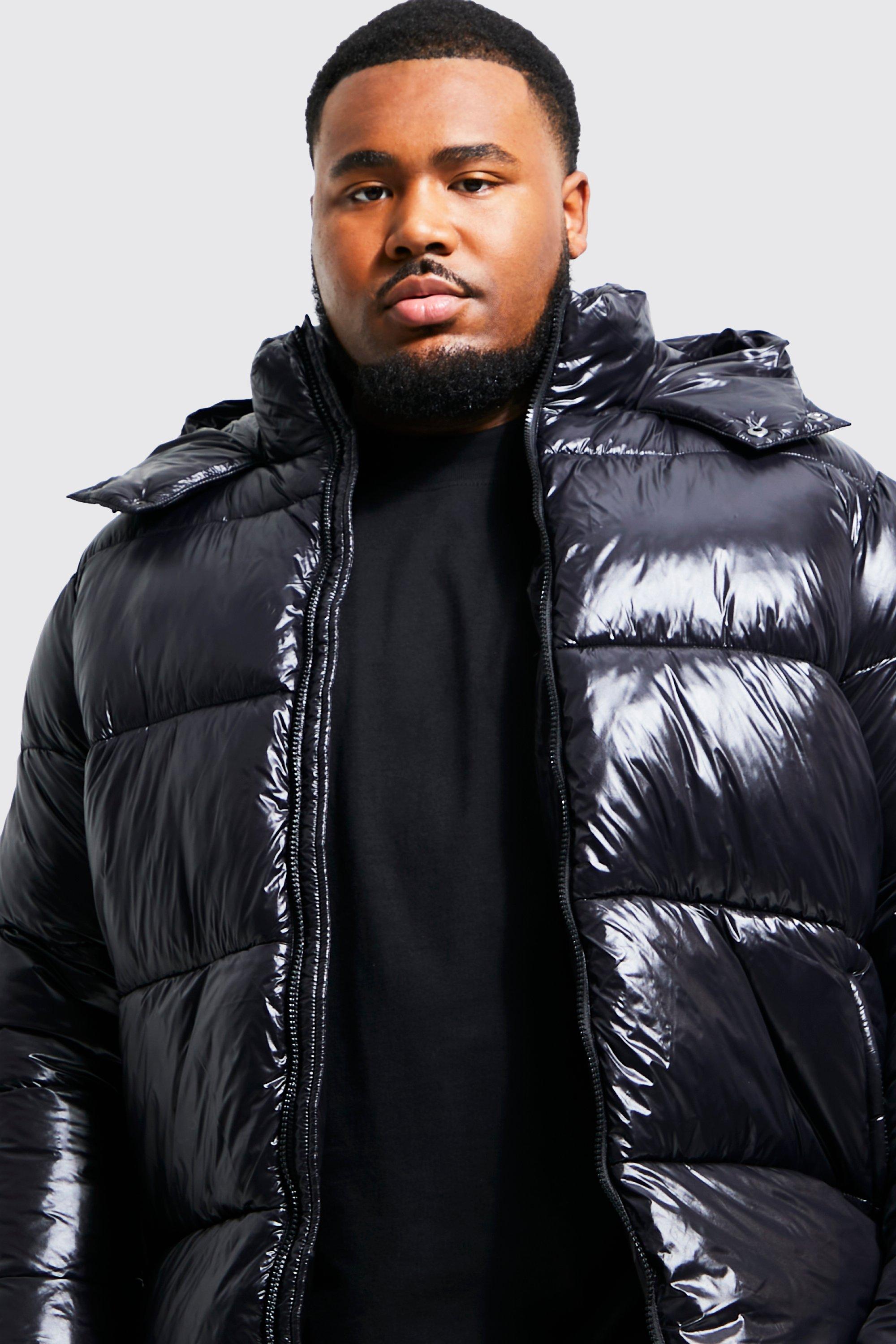 High shine puffer jacket with fur hood online