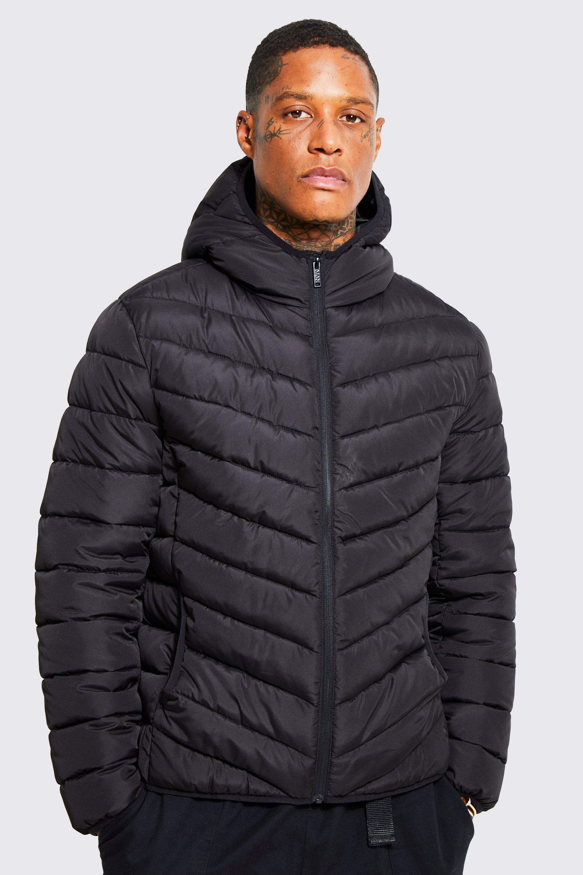 Mens Black Quilted Zip Through Jacket With Hood, Black