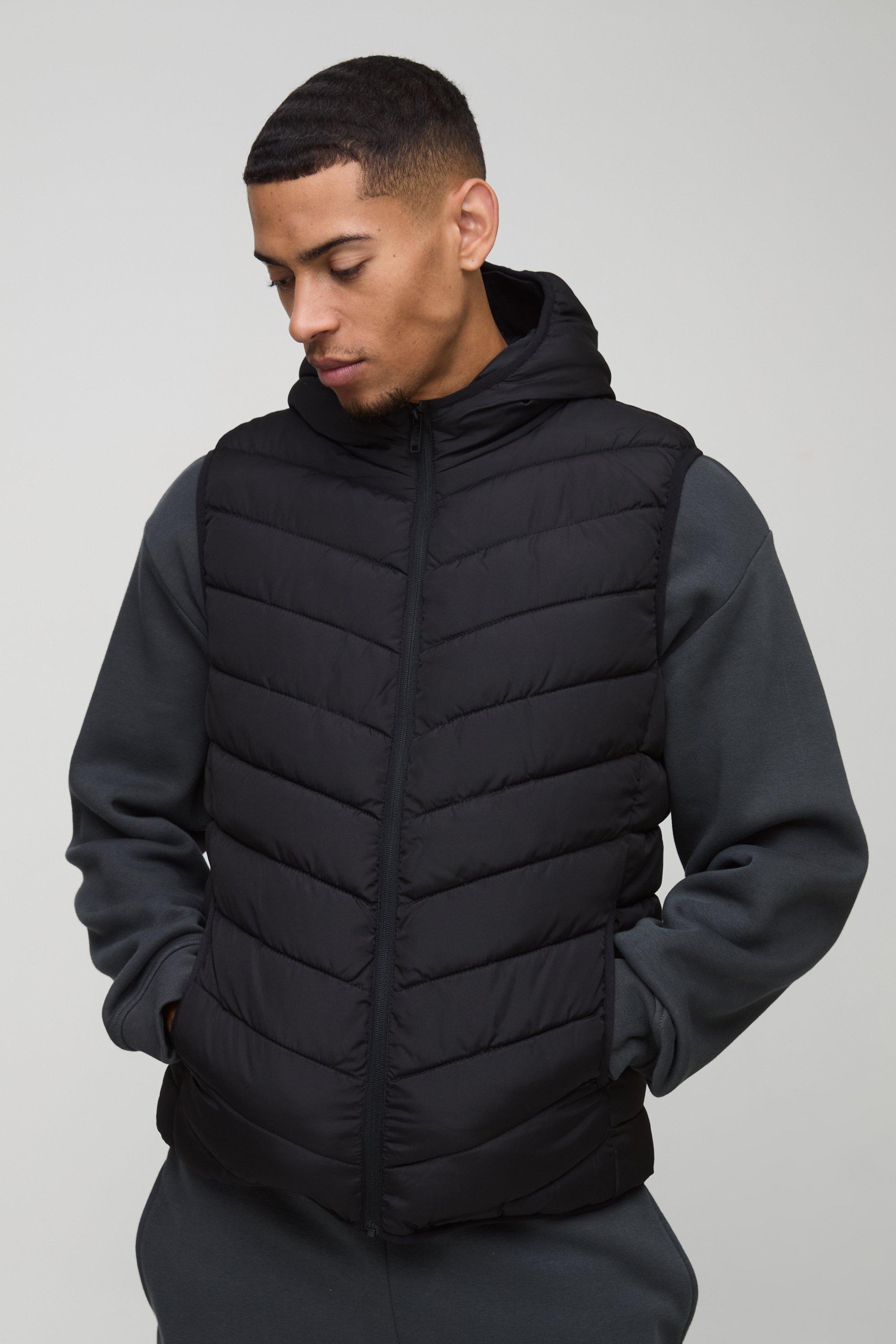 Mens Black Quilted Gilet With Hood, Black