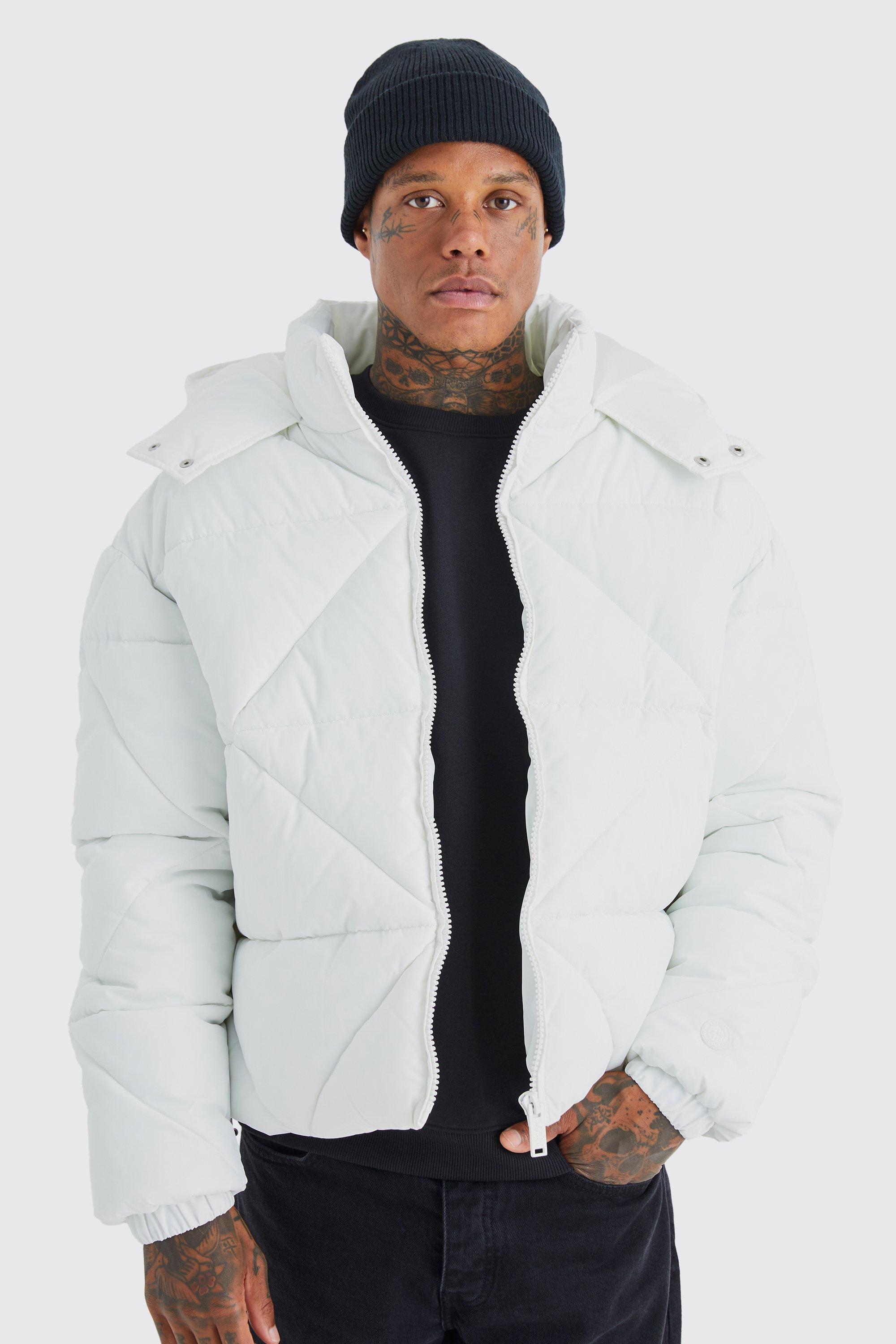 Mens White Abstract Quilted Puffer, White