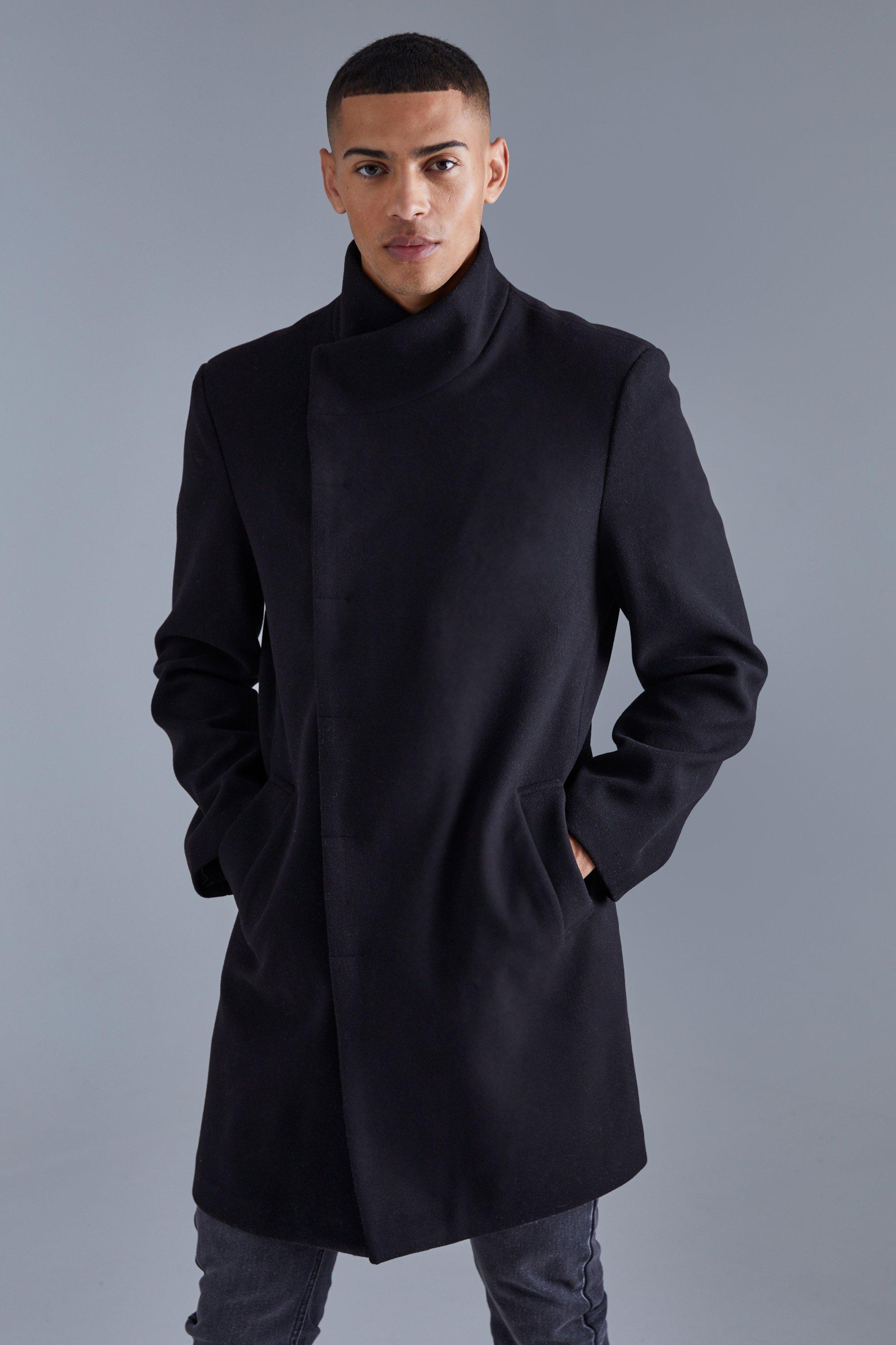 womens funnel neck wool look overcoat - black - s, black