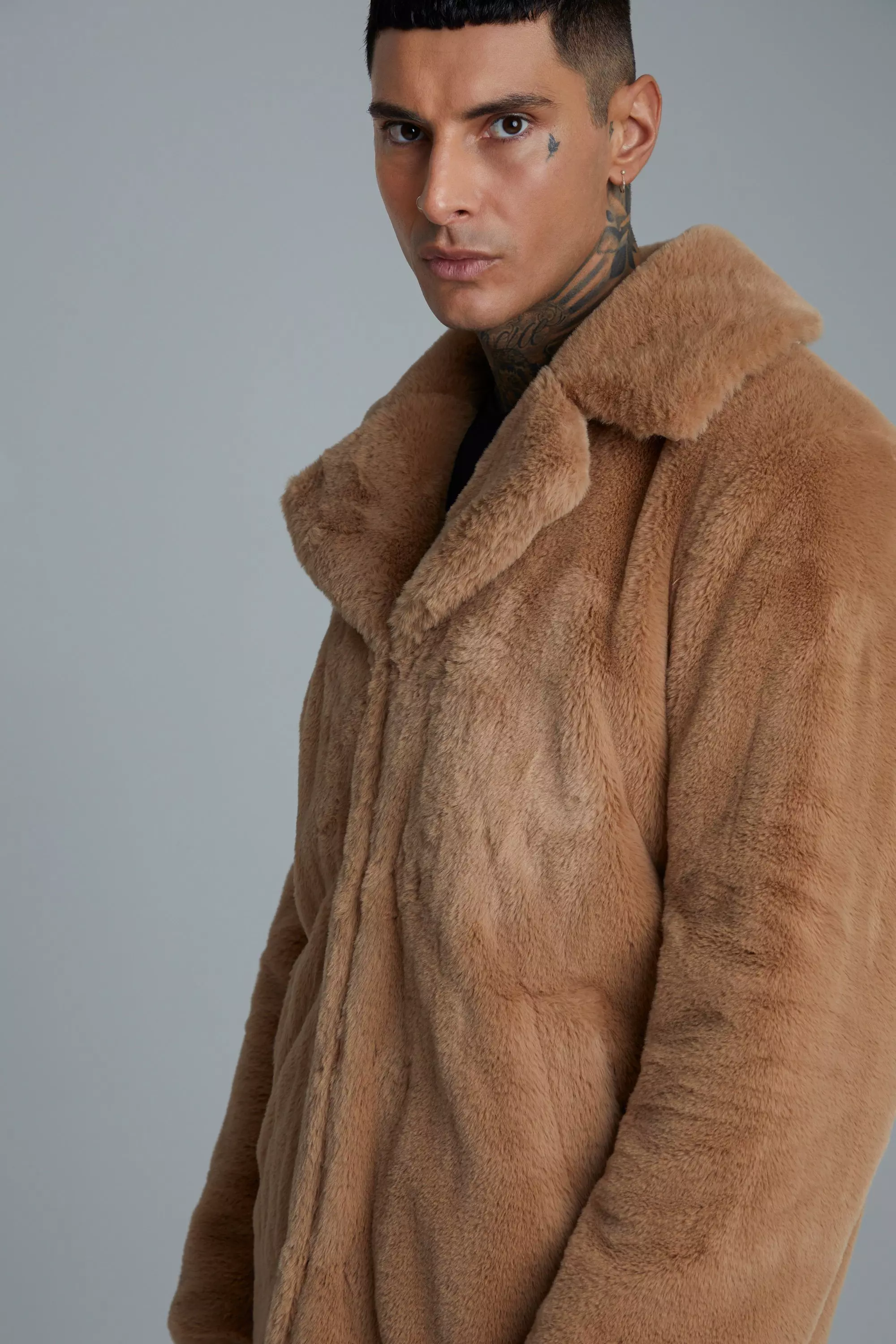 Mens faux 2025 fur overcoat