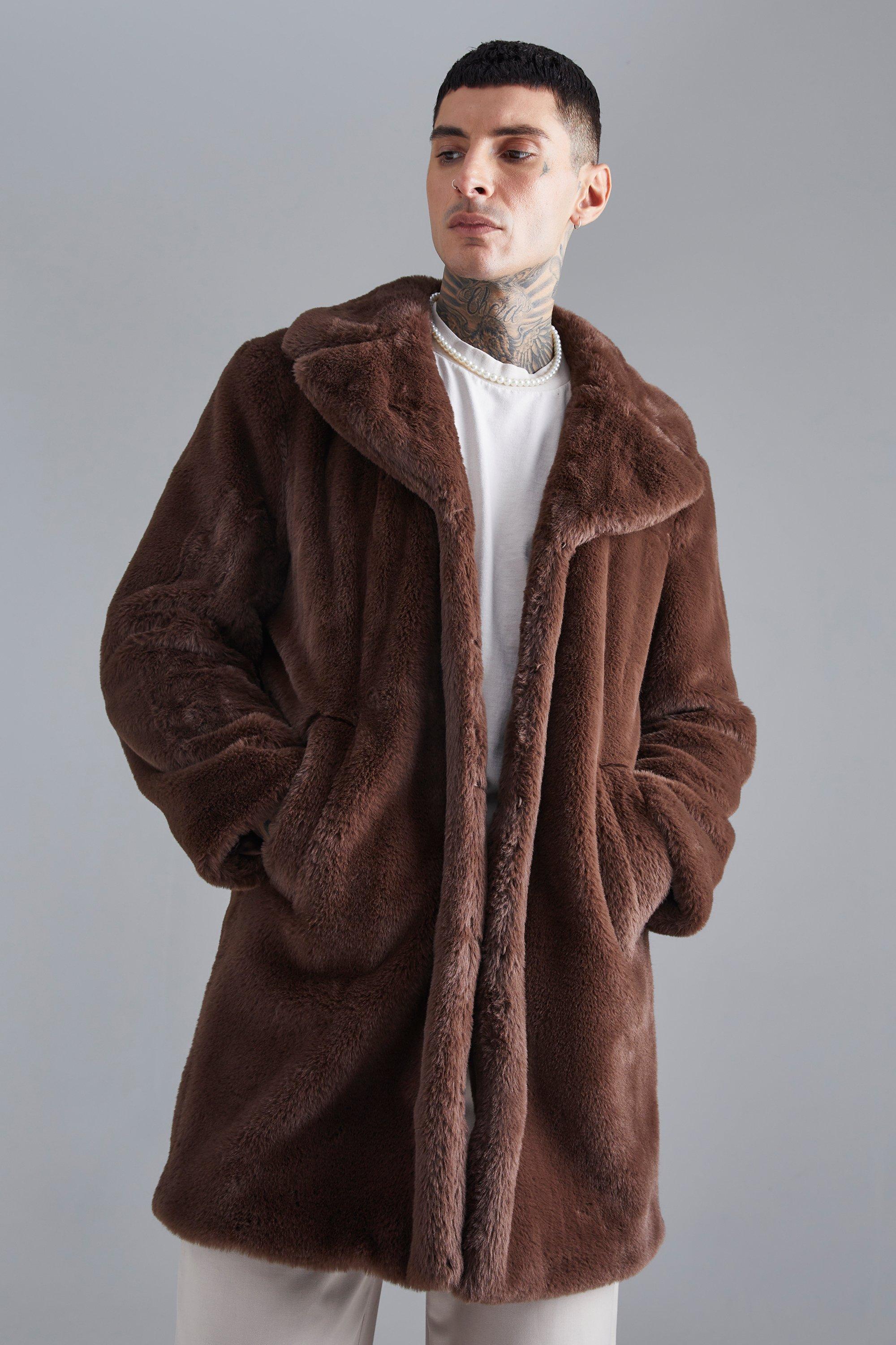 Mens Brown Faux Fur Overcoat, Brown