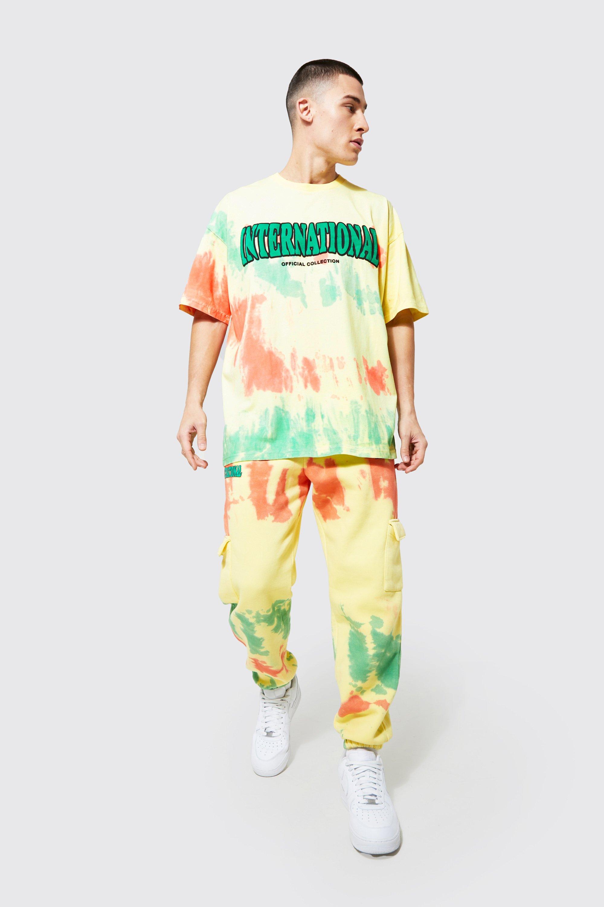 Mens Yellow Tiedye Cargo T-shirt Tracksuit, Yellow