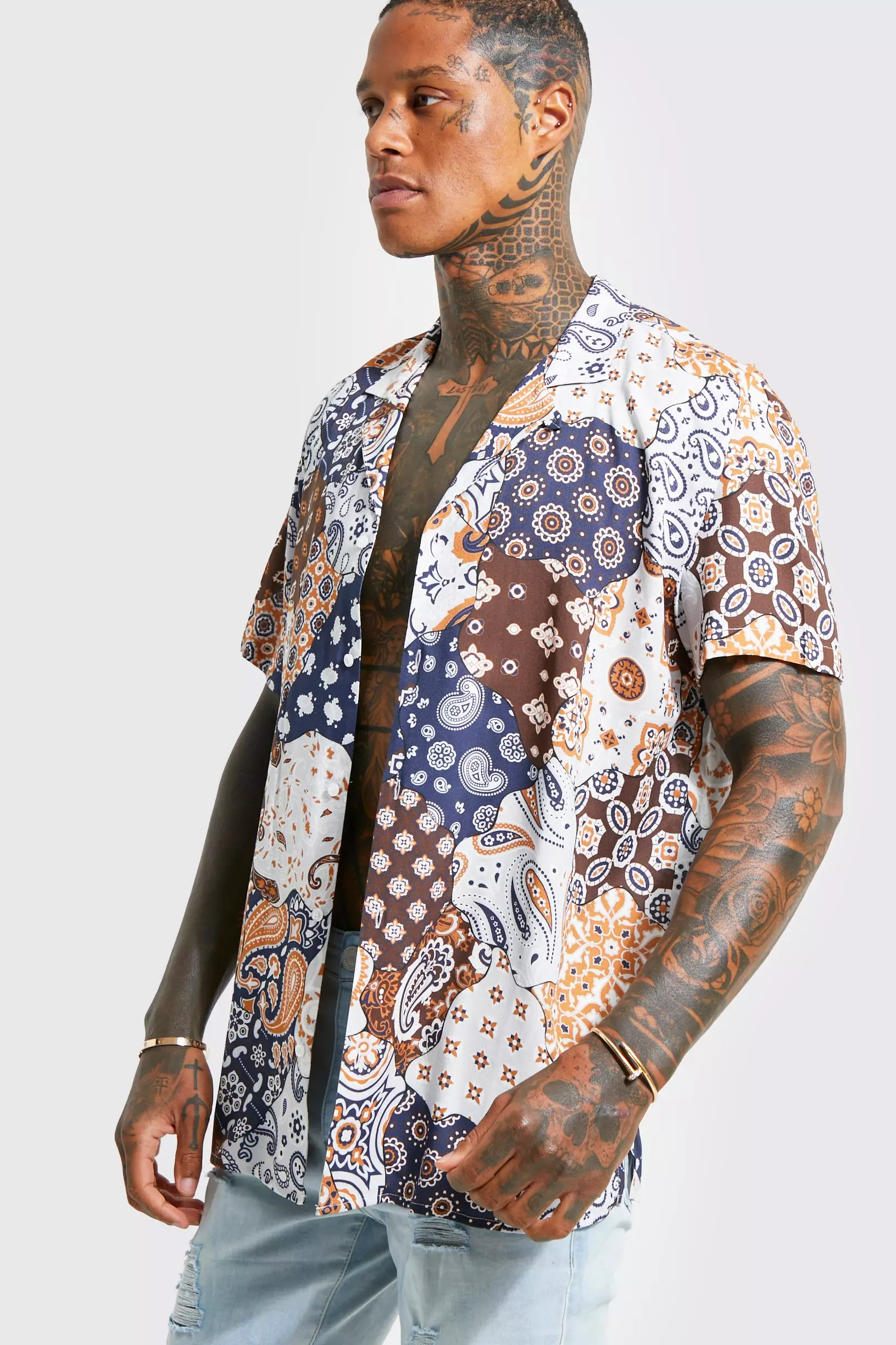 Oversized Viscose Paisley Patchwork Shirt | boohooMAN USA