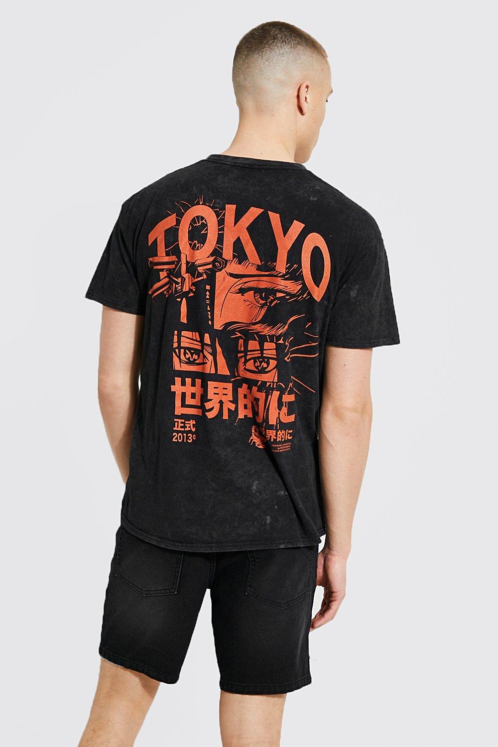 T-Shirt Oversize Délavé À Imprimé Tokyo - Gris Anthracite - S, Gris Anthracite