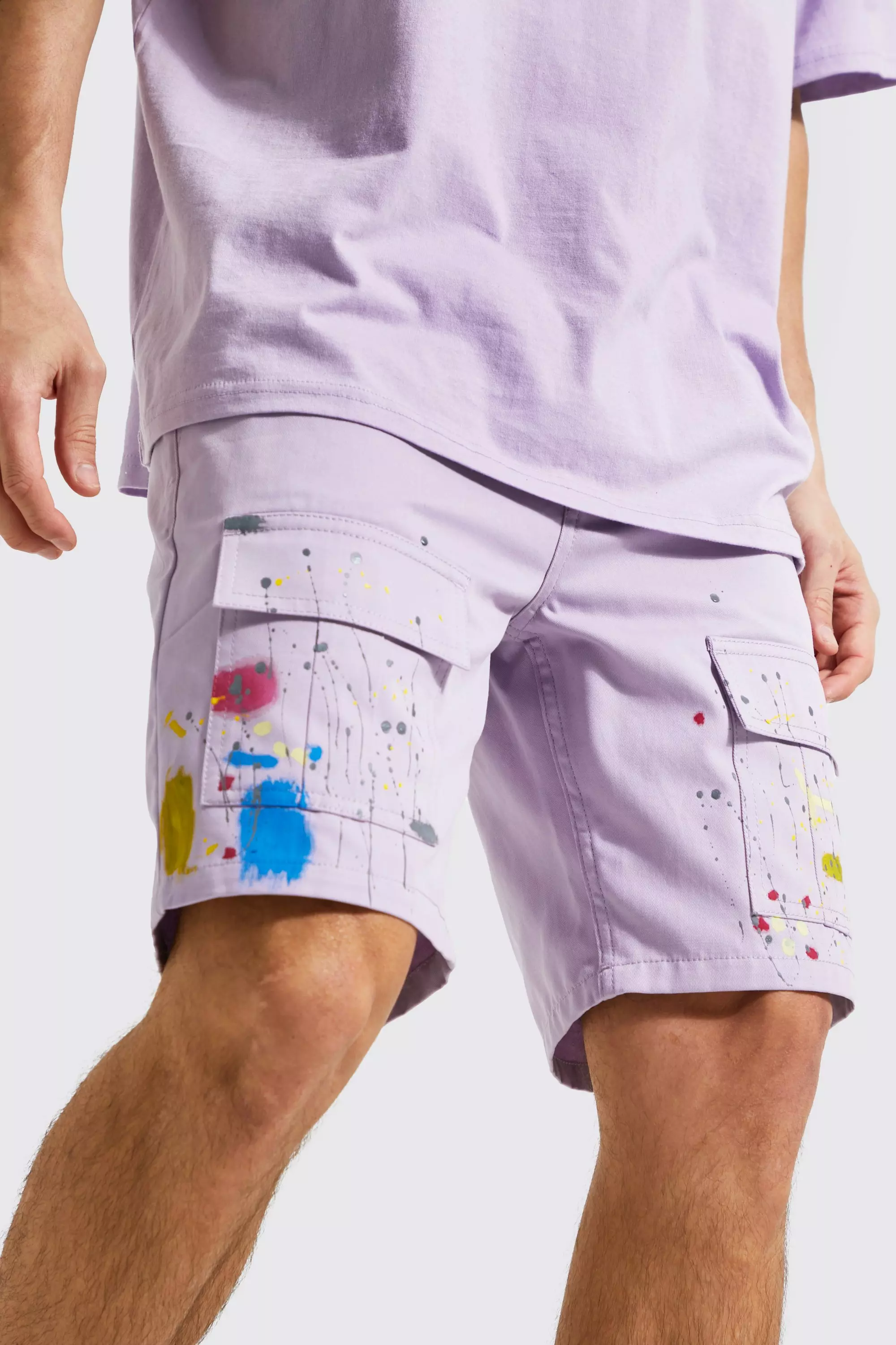 Straight Leg Twill Paint Cargo Shorts | boohooMAN USA
