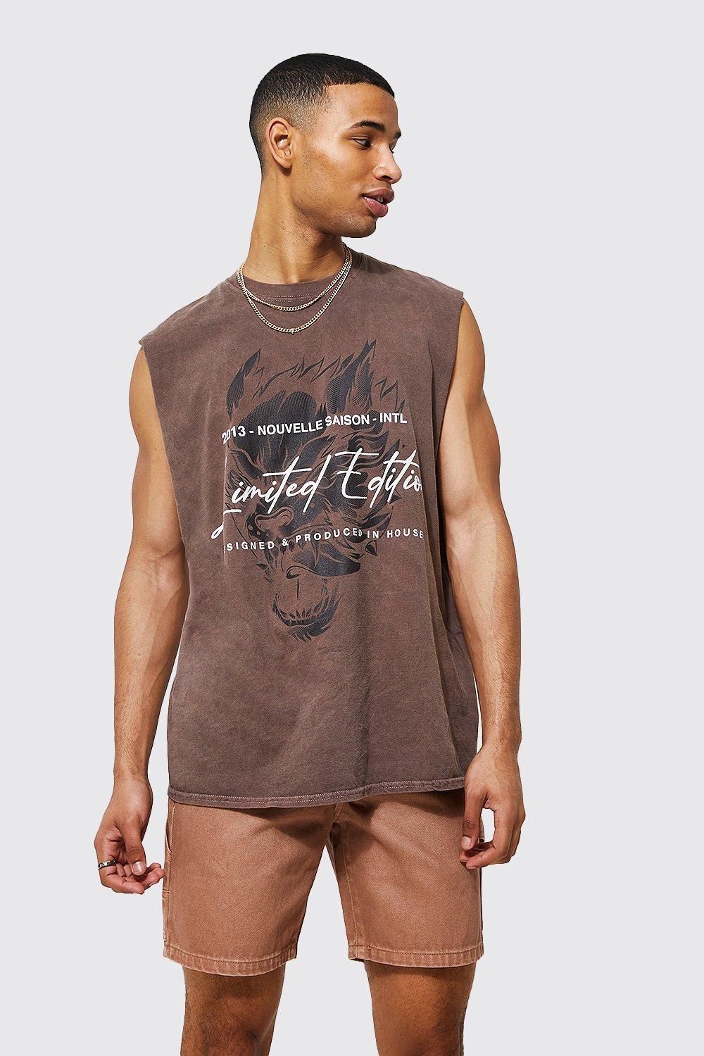 Mens Brown Oversized Limited Graphic Overdye vest, Brown