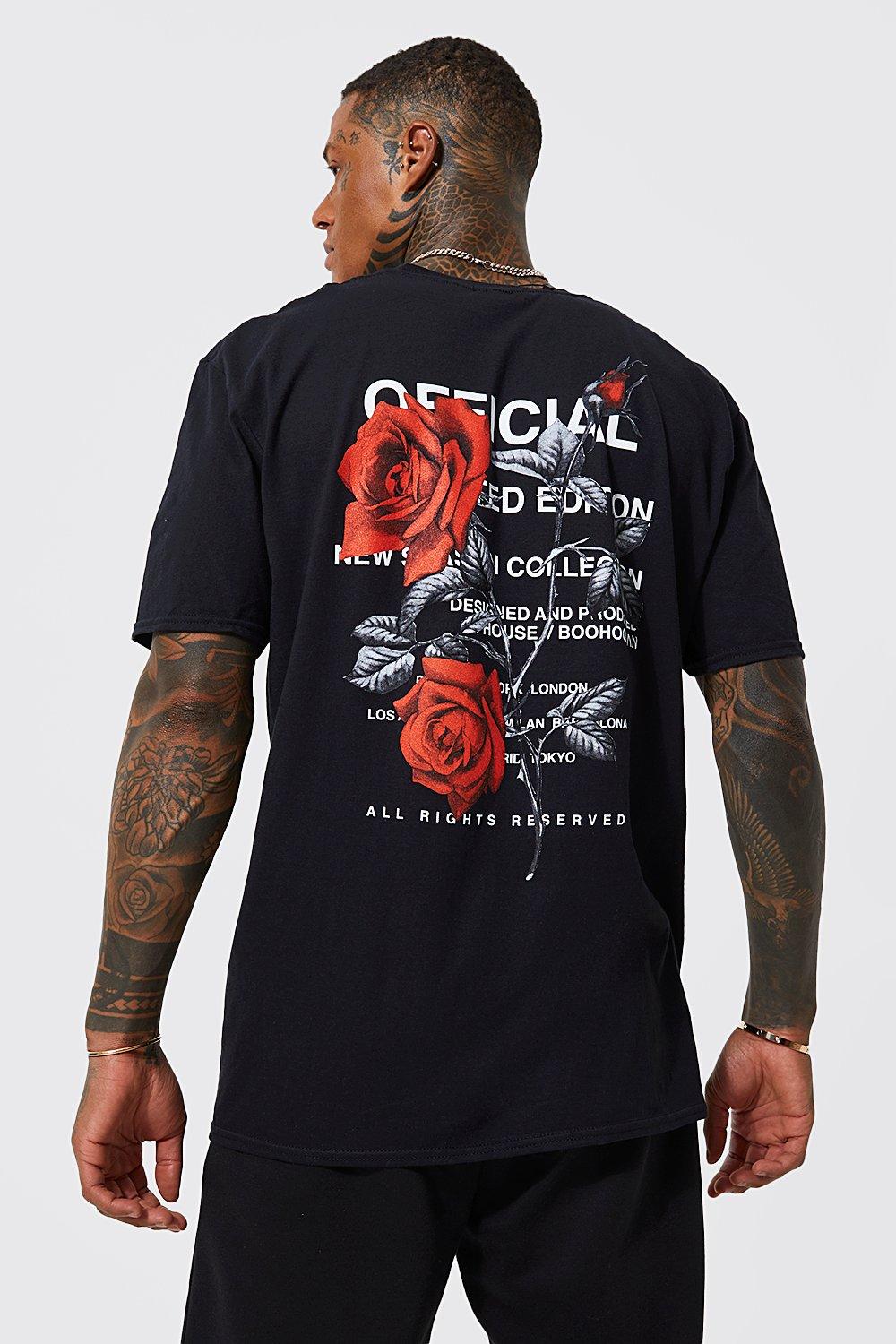 Image of T-shirt oversize con grafica di fiori sul retro, Nero