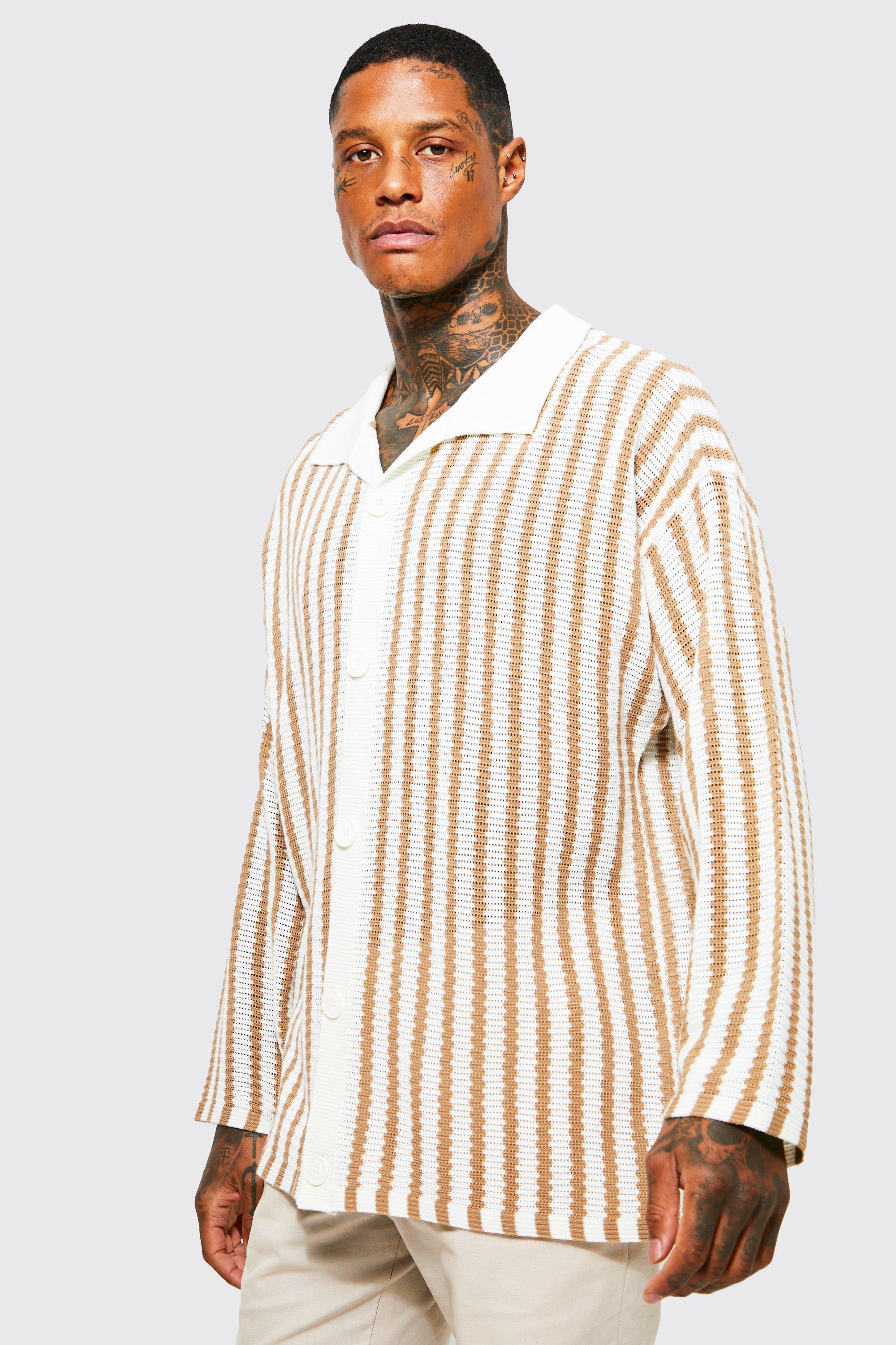 Mens Beige Oversized Long Sleeve Open Stitch Stripe Knitted Polo, Beige