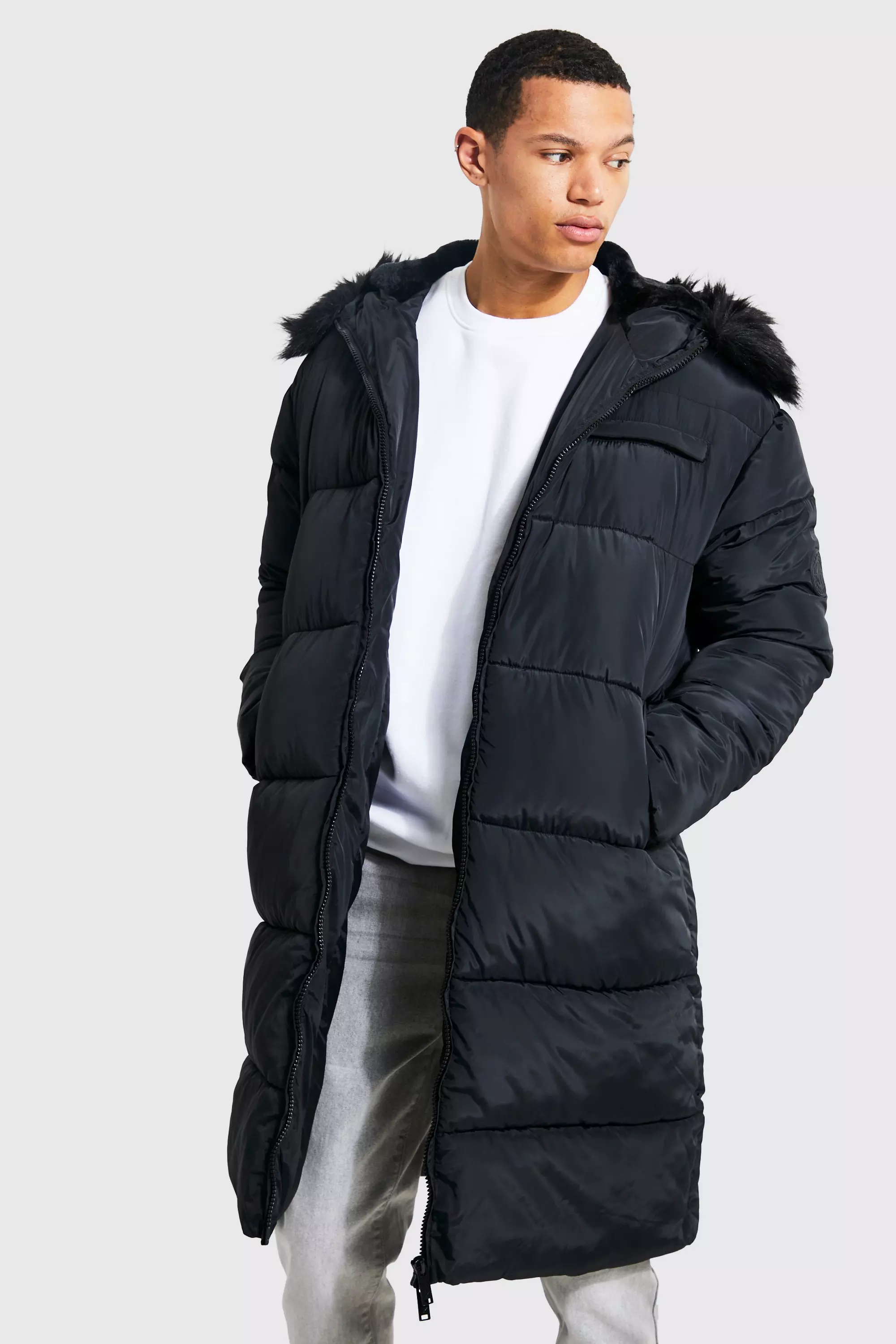 Longline coat with online fur hood