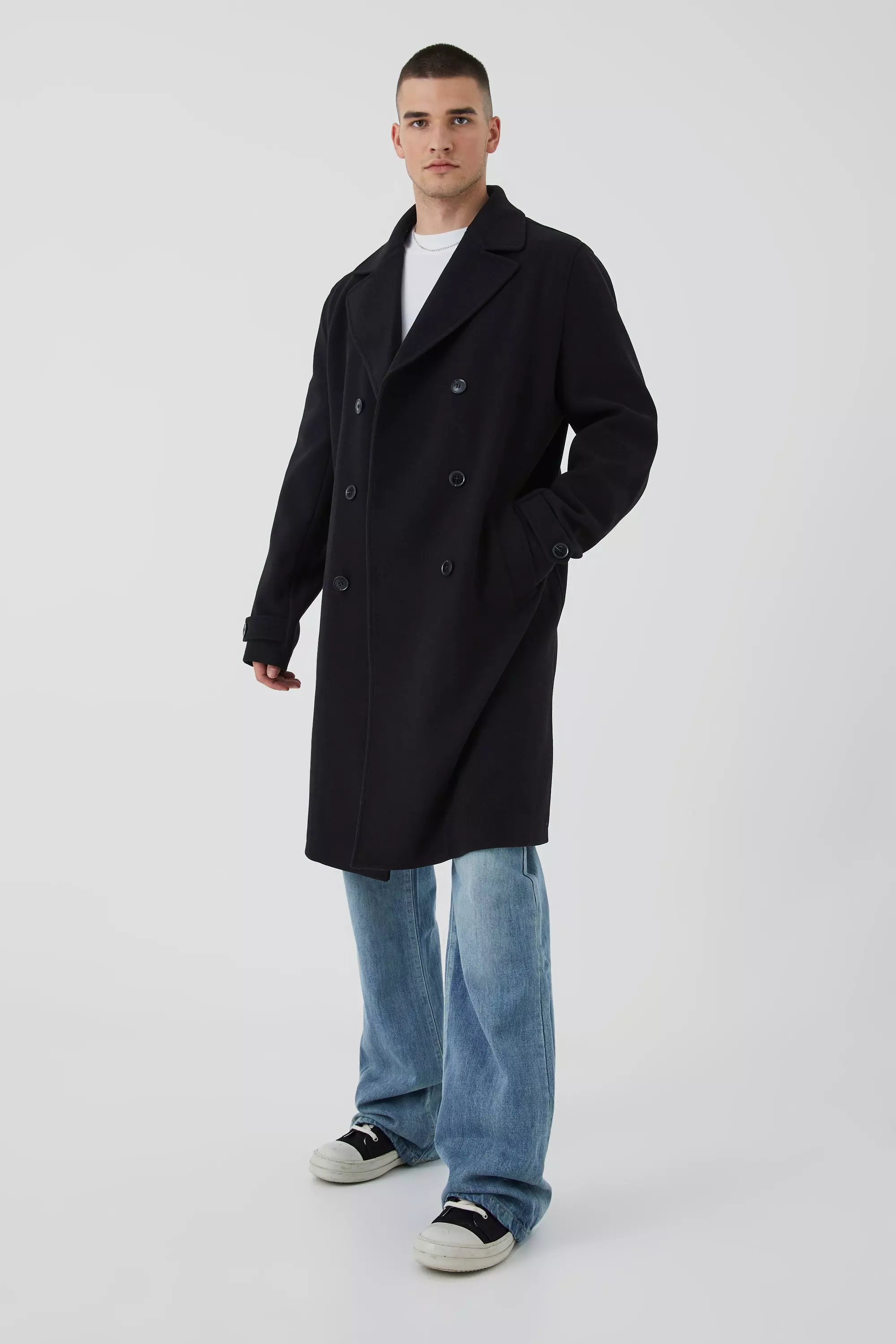 Tall Double Breasted Wool Look Overcoat | boohooMAN USA