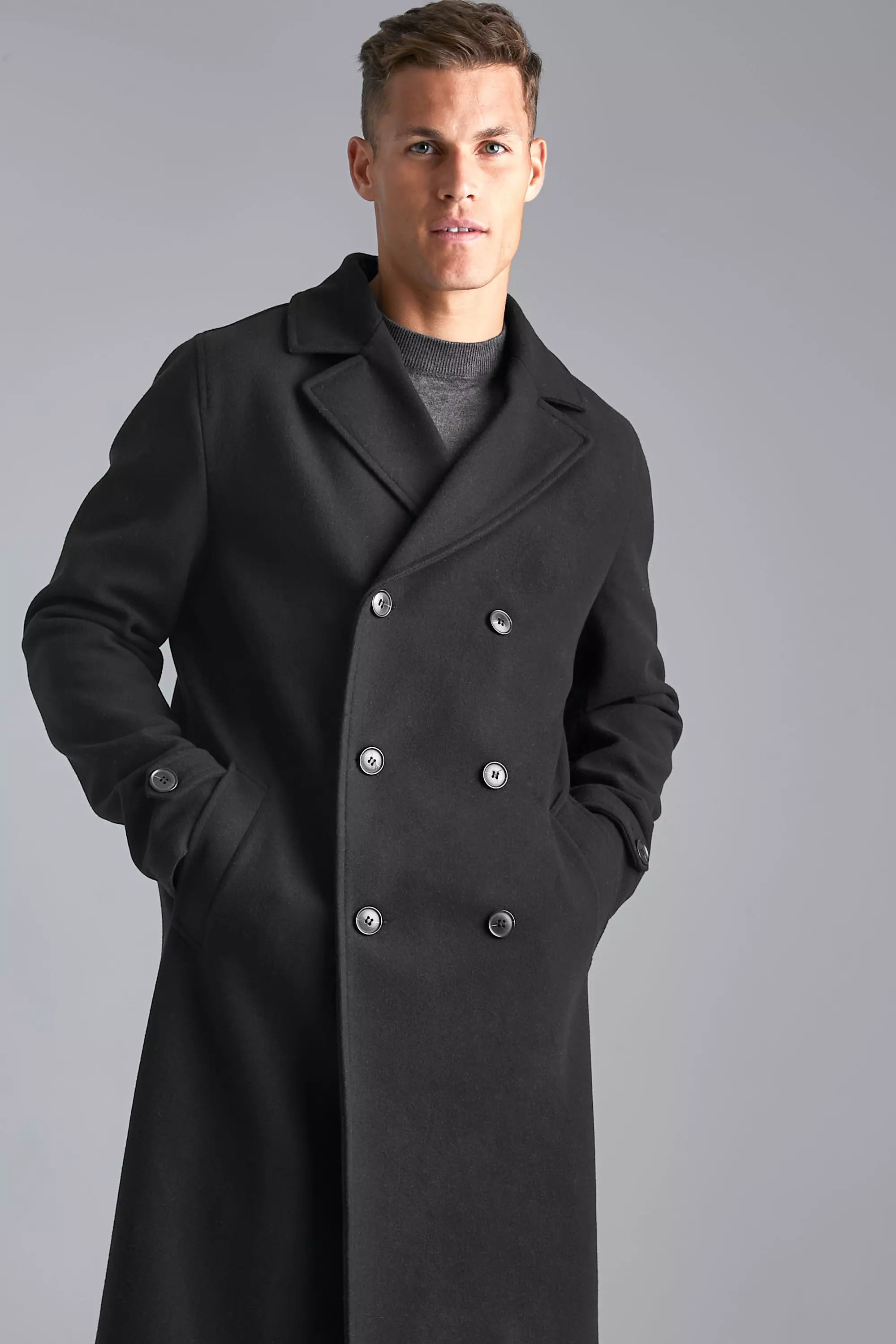 Mens double breasted long wool sale overcoat