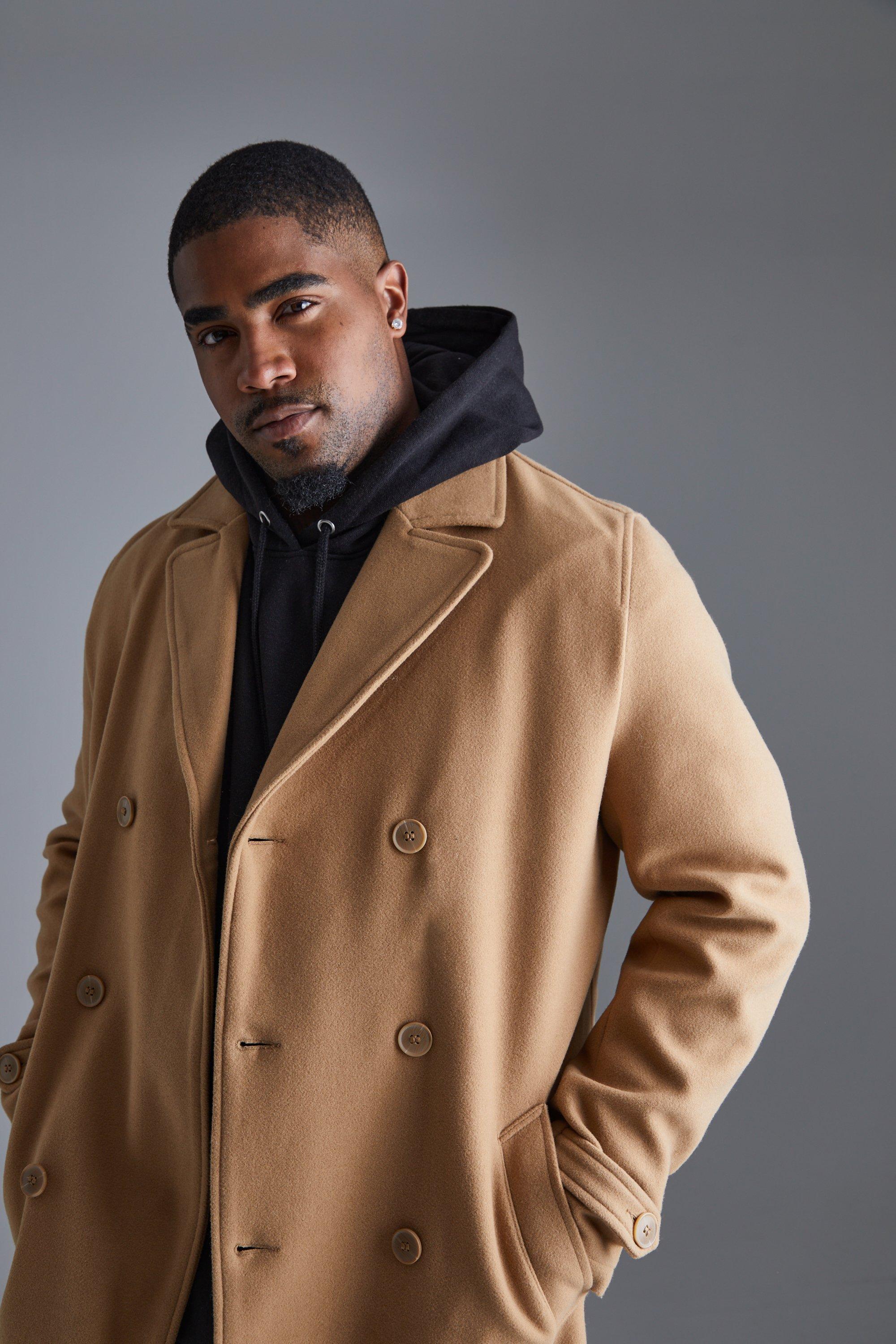 Mens Beige Tall Double Breasted Wool Look Overcoat in Camel, Beige