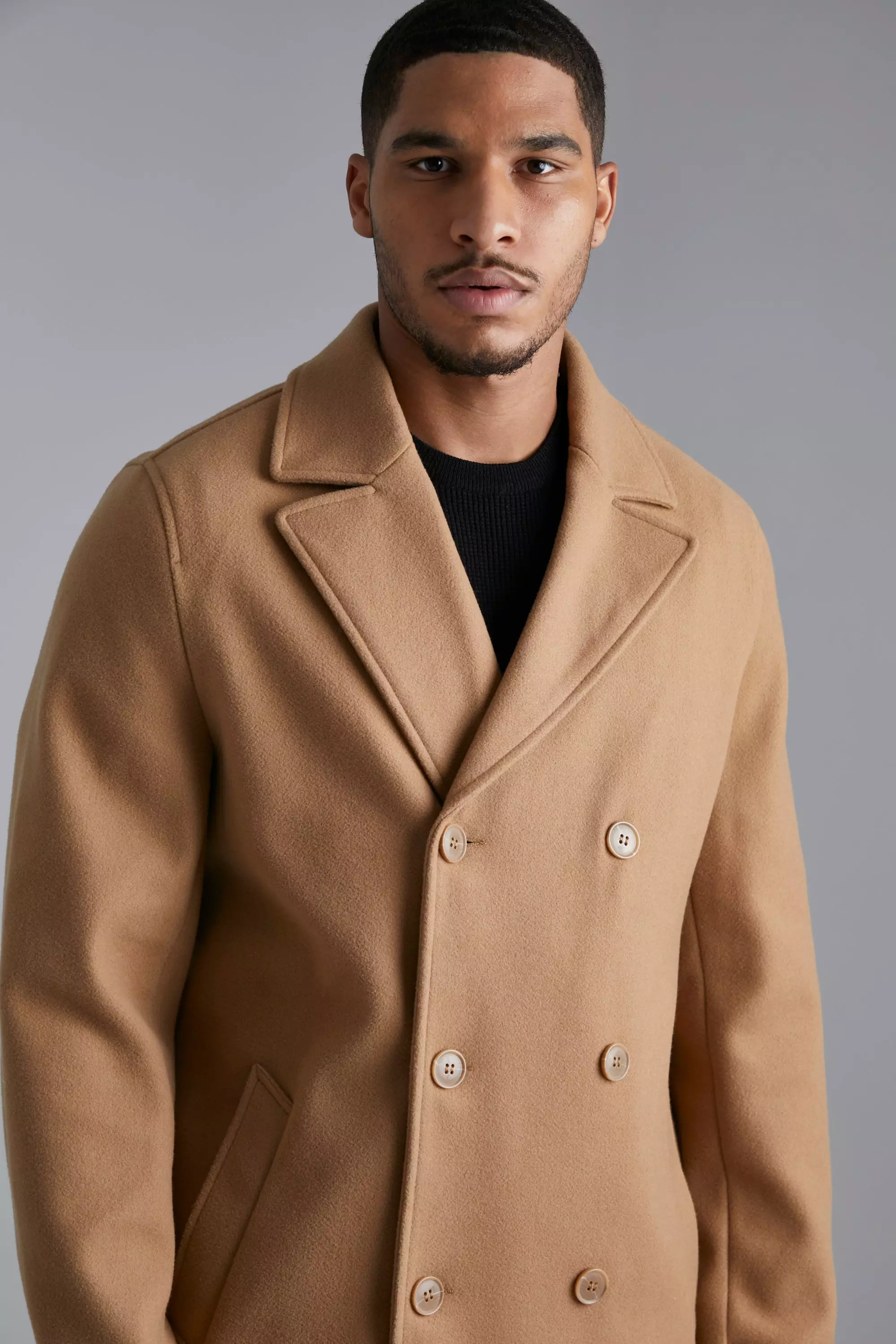 Tall Double Breasted Wool Look Overcoat | boohooMAN USA