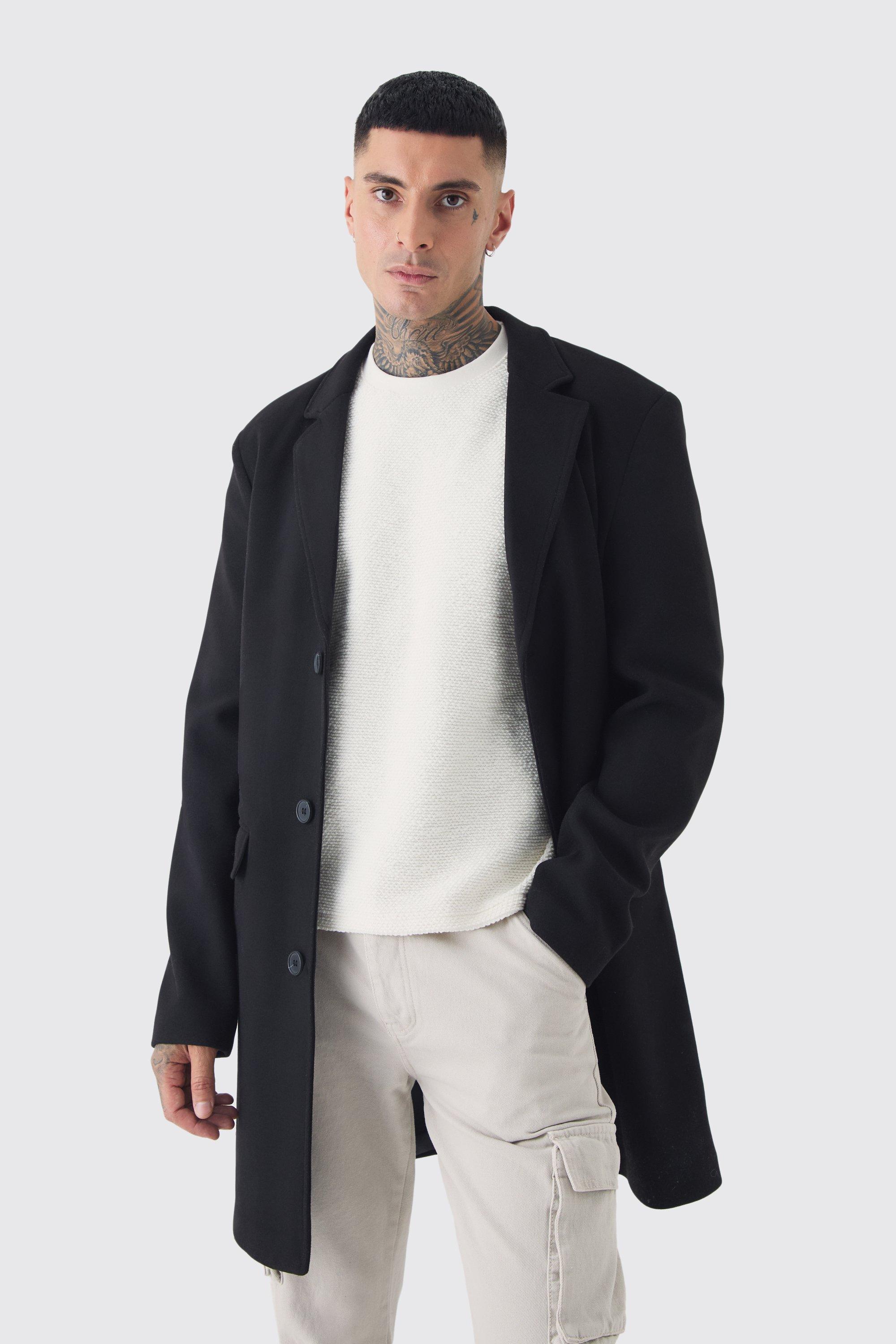 Mens Tall Single Breasted Wool Look Overcoat in Black, Black