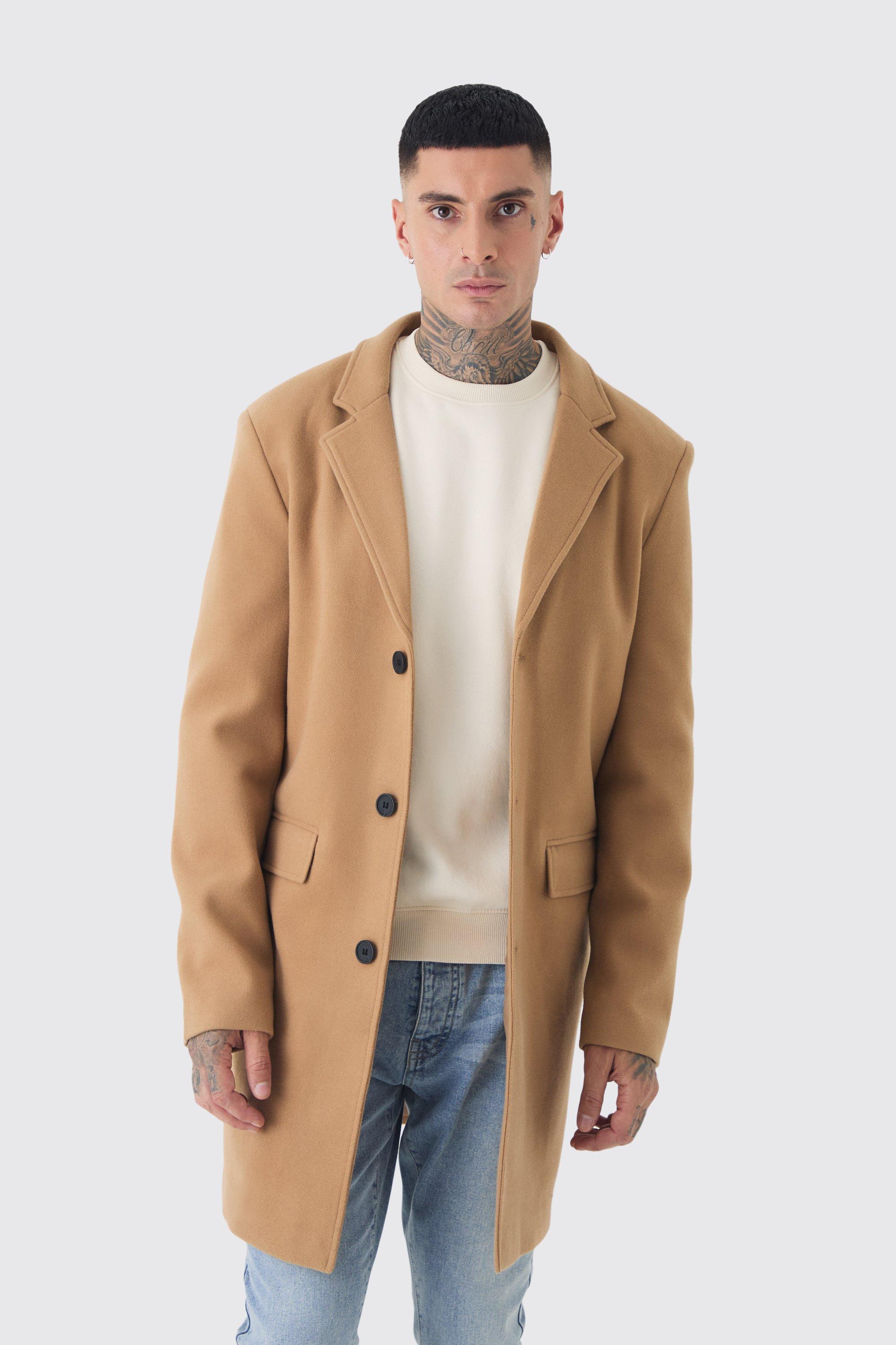 Mens Beige Tall Single Breasted Wool Look Overcoat in Camel, Beige