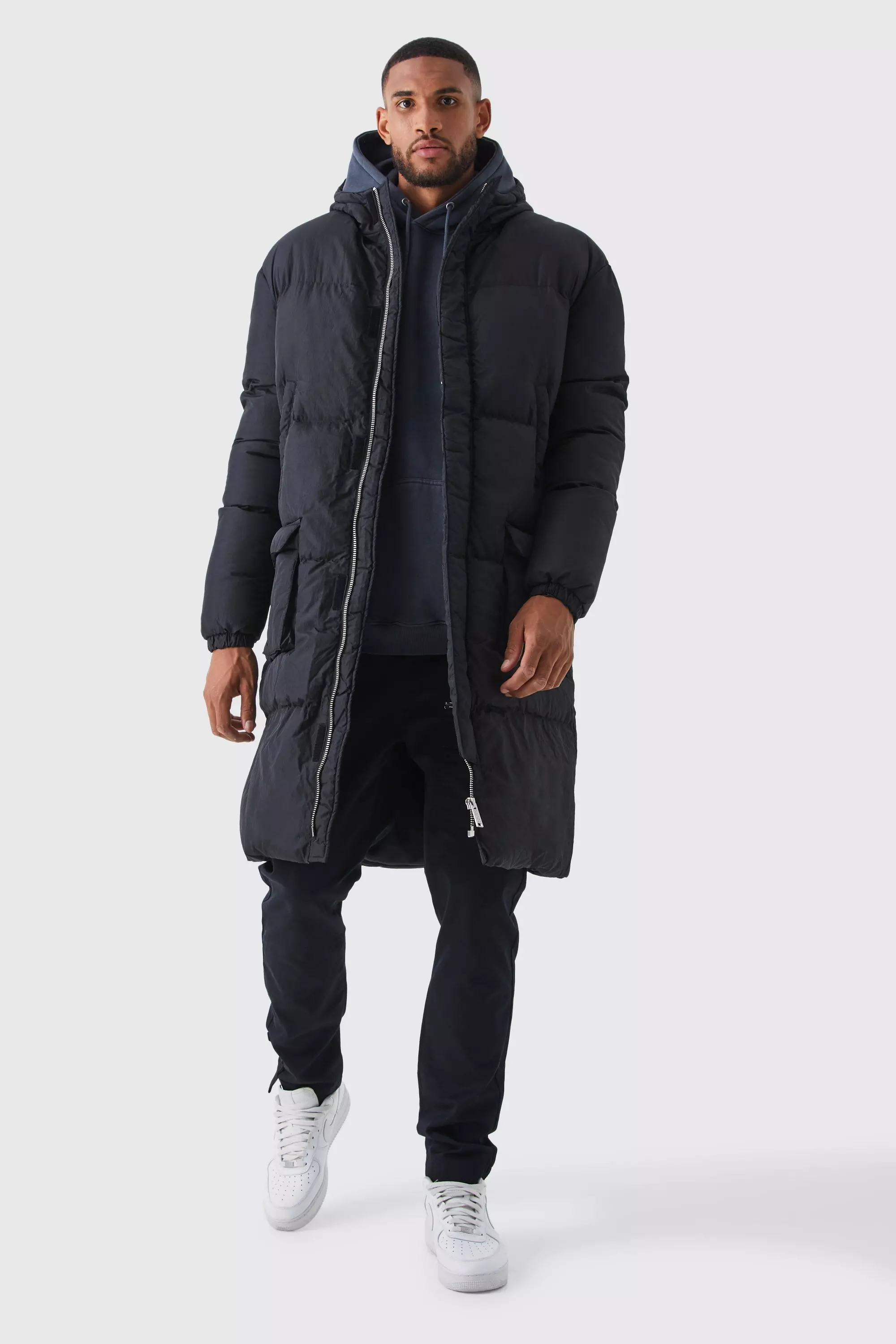 Mens black store longline puffer coat