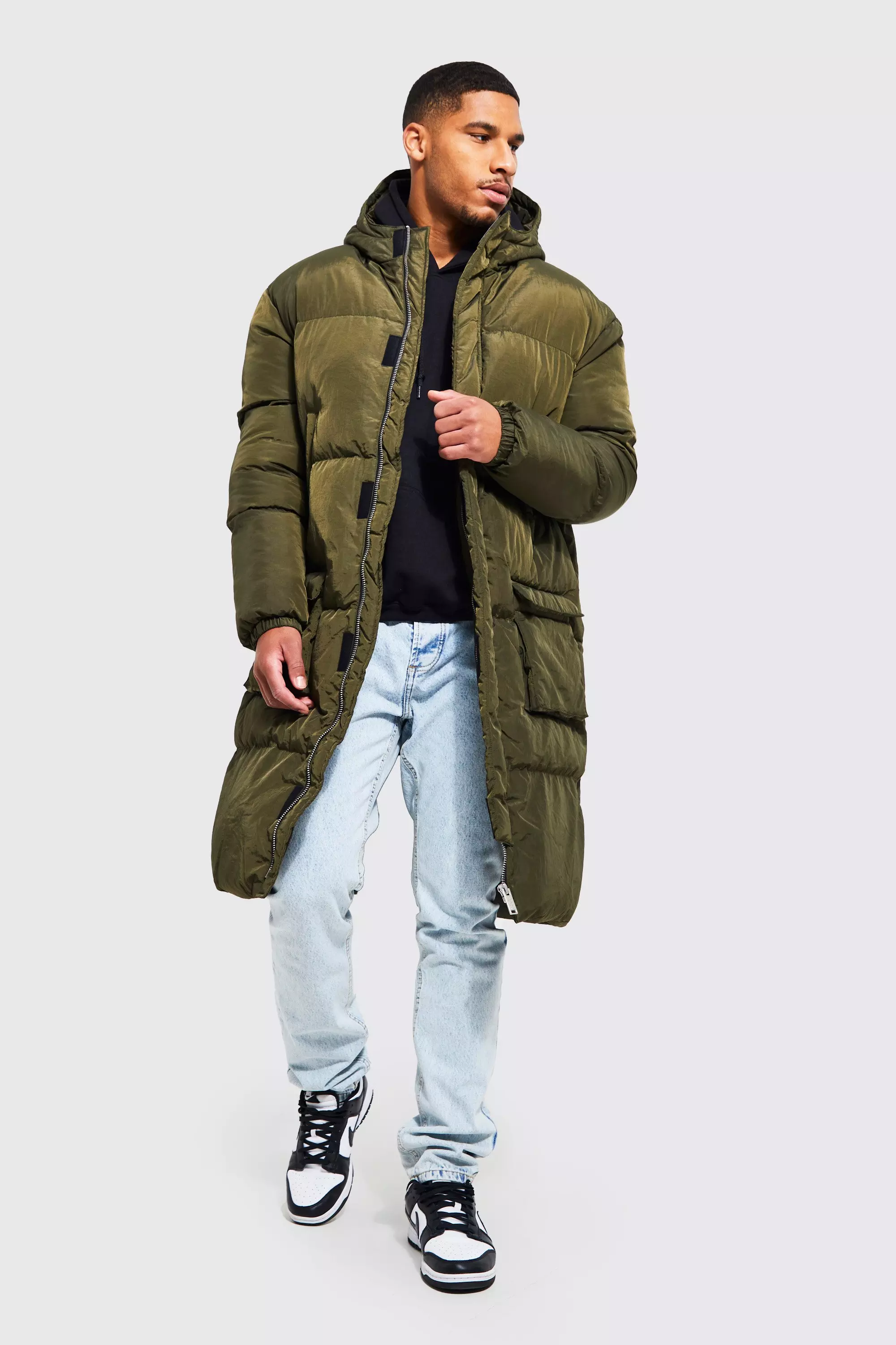 Khaki hooded longline online puffer coat