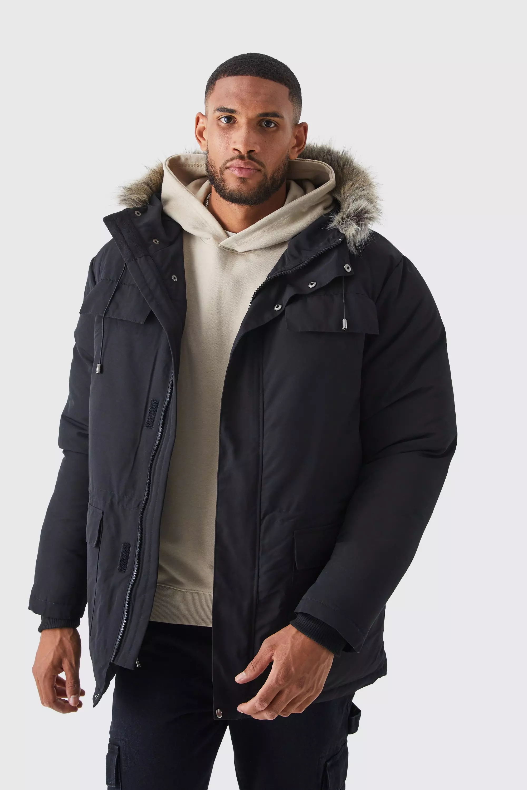 Mens black parka cheap coat with fur hood