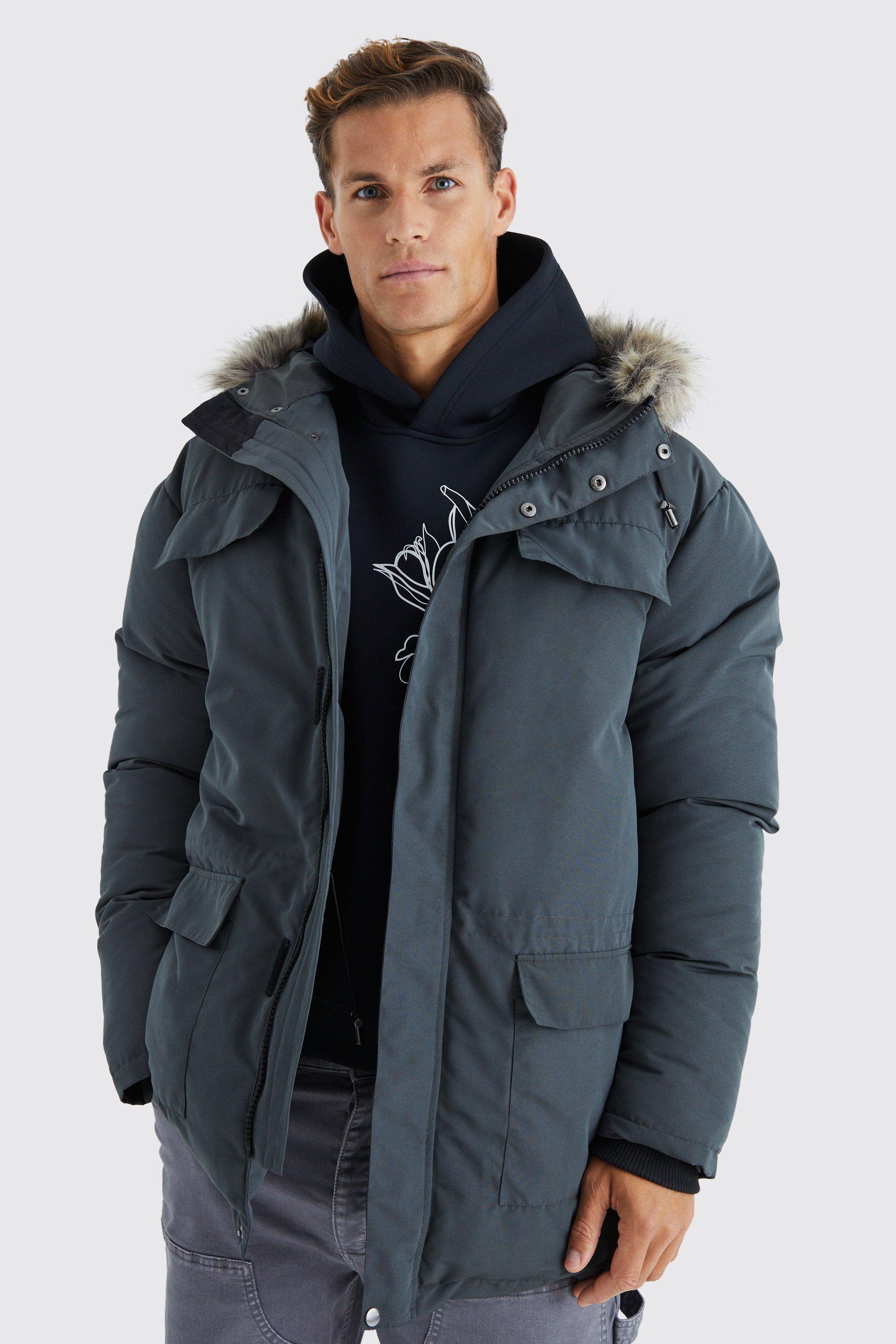 tall - parka d'hiver à capuche avec bord en fausse fourrure homme - gris - xxl, gris