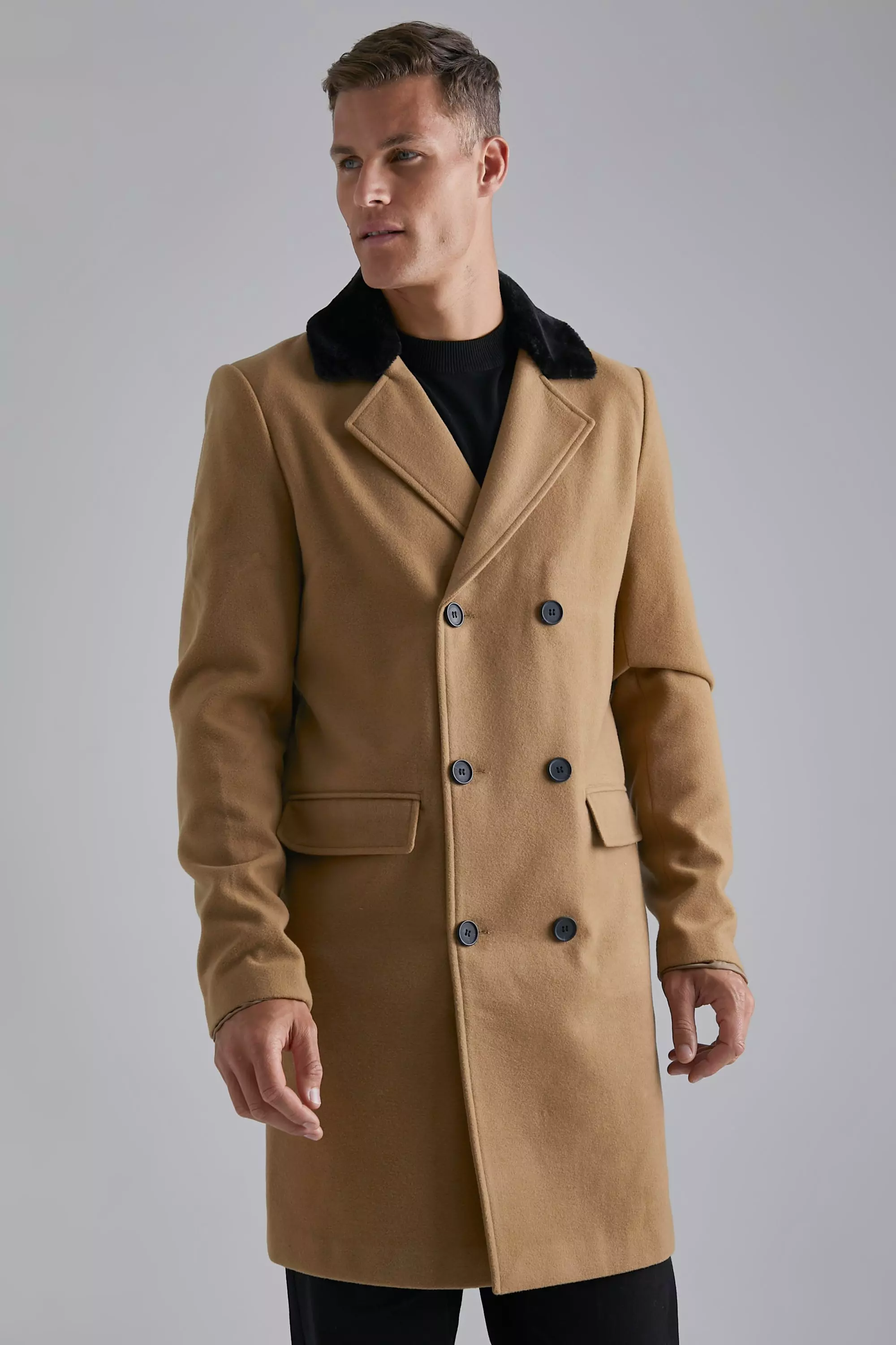 Tall Double Breasted Faux Fur Overcoat boohooMAN UK